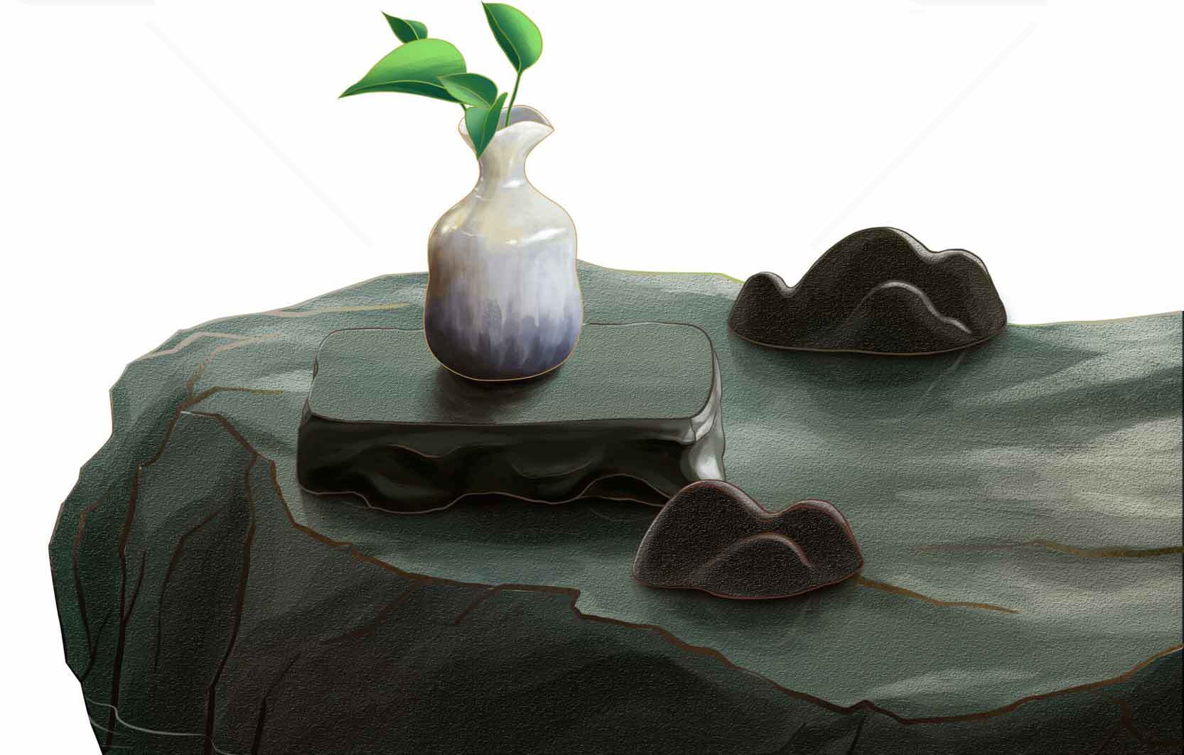 禅意石桌上的陶瓷花瓶与绿植装饰素材
