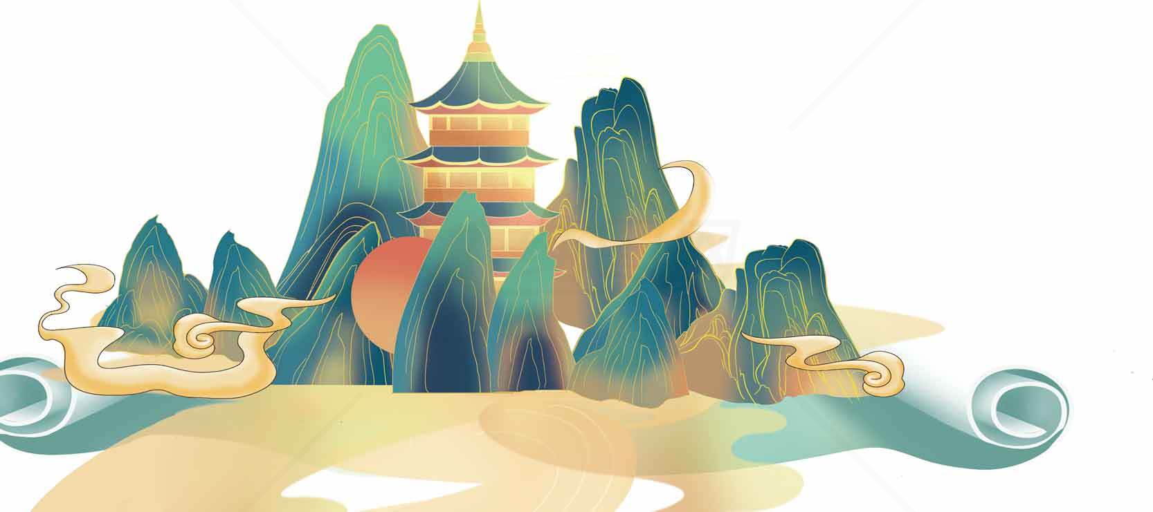 中国风山水插画唯美意境背景素材