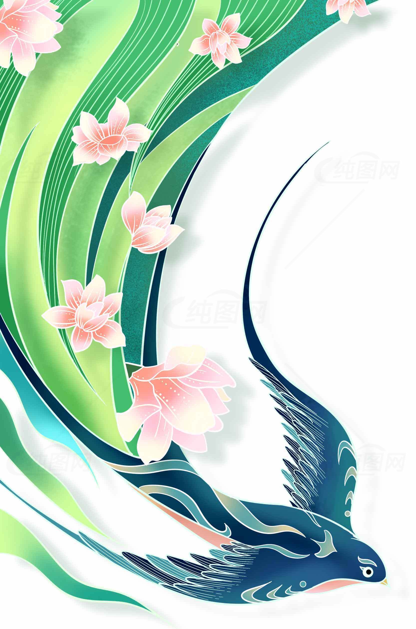 春日飞燕与樱花唯美插画素材