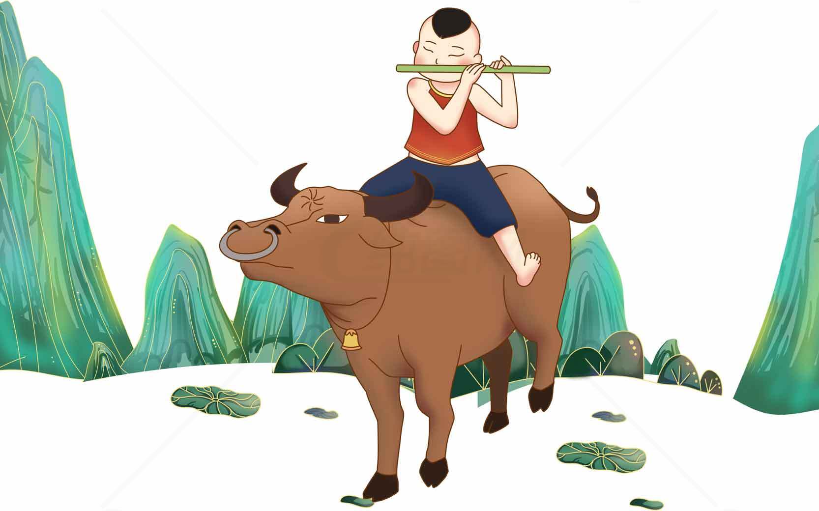 牧童骑牛吹笛插画 - 中国传统田园风光素材