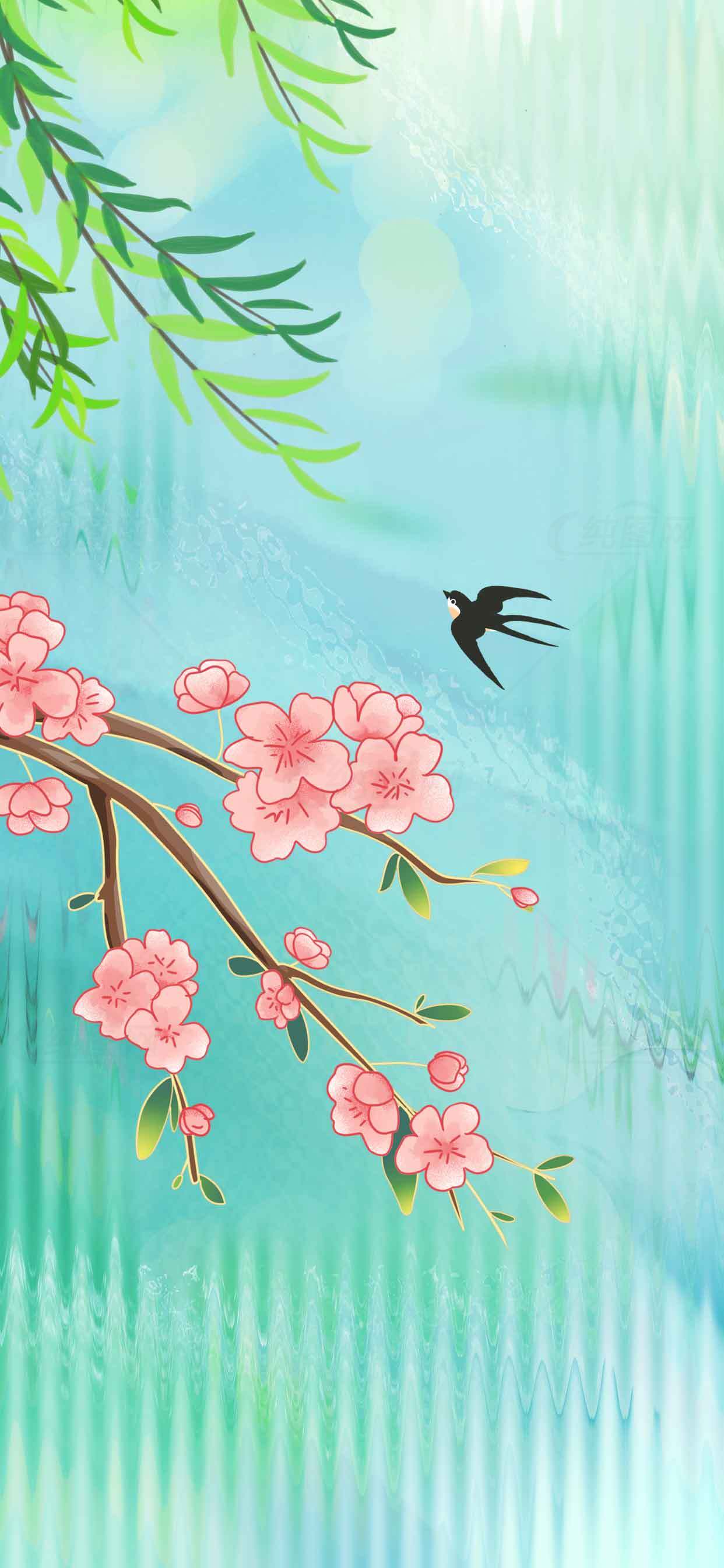 春日樱花与飞燕唯美插画背景素材