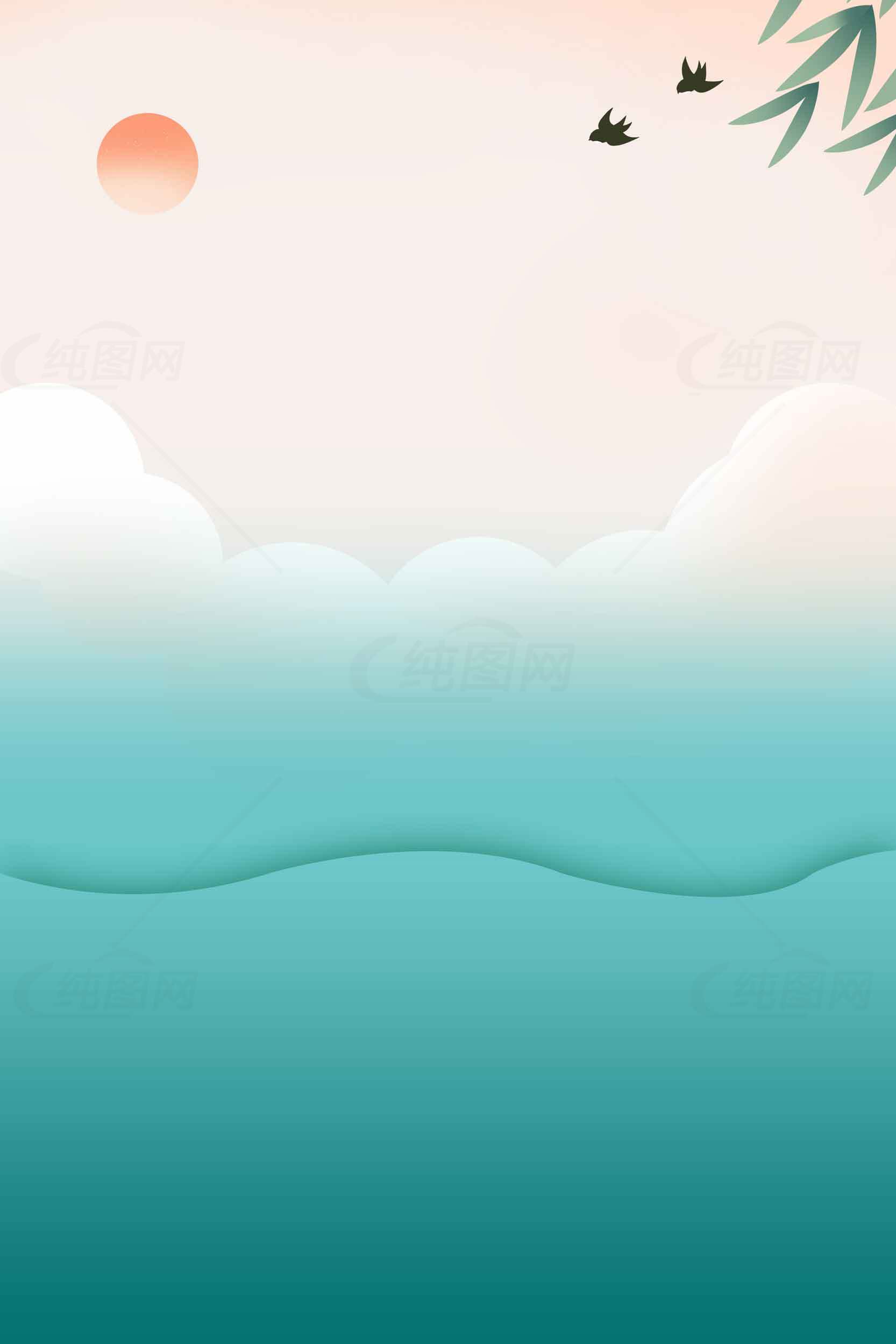 清晨日出与云朵小鸟的自然风景插画素材