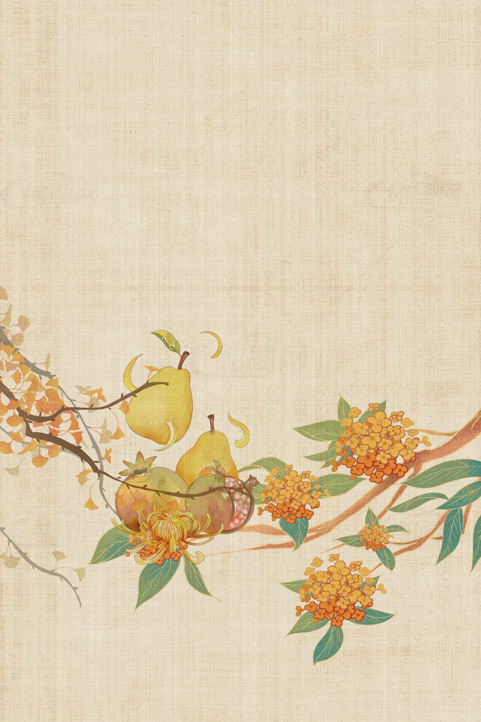 中国风手绘果实与花卉背景图片素材