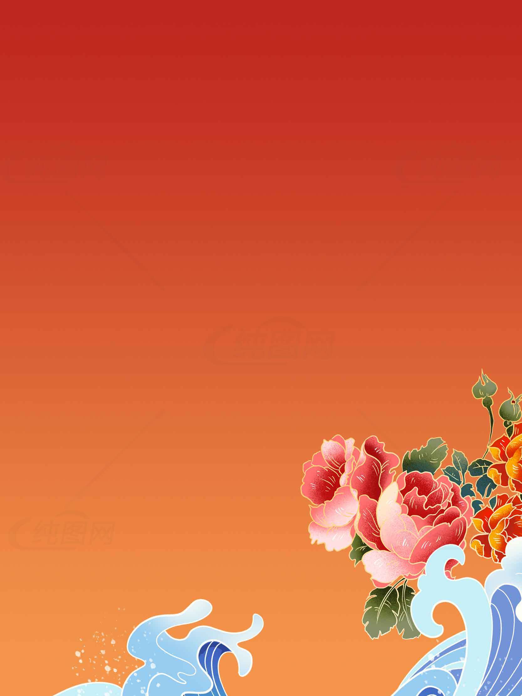 中国风红色背景图片：花卉与海浪元素设计素材