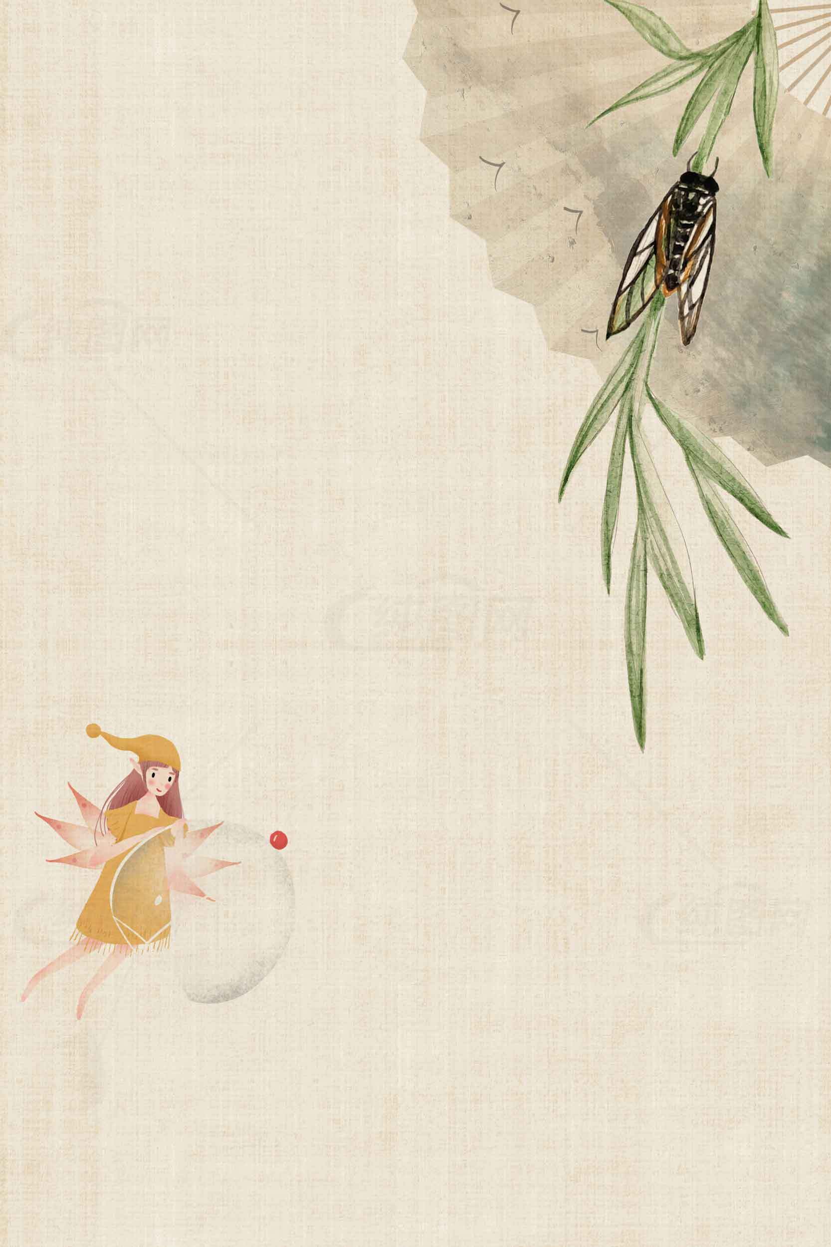 中国风手绘蝉与仙子背景图片素材
