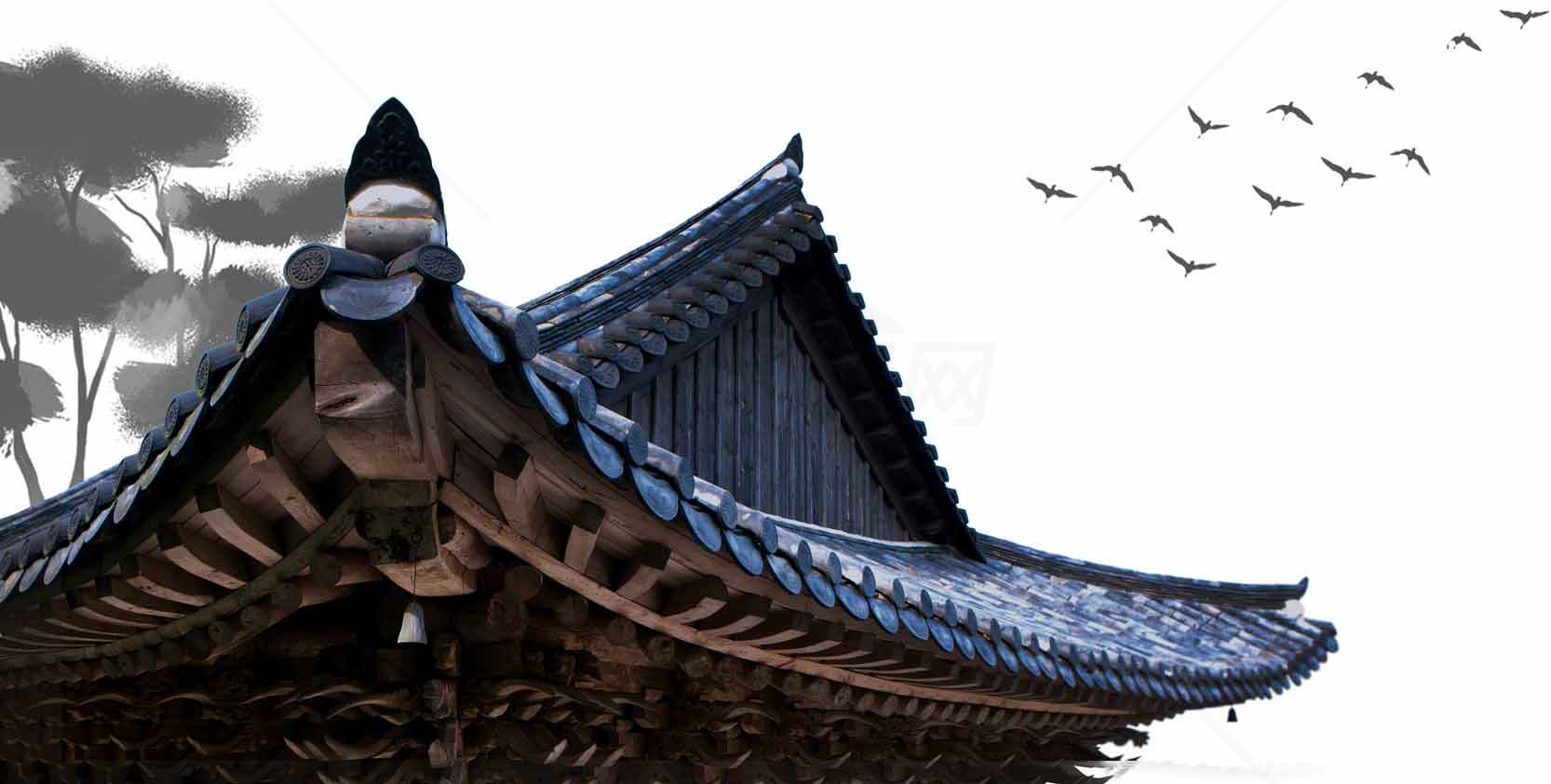 传统韩式屋顶与自然风景的和谐之美素材