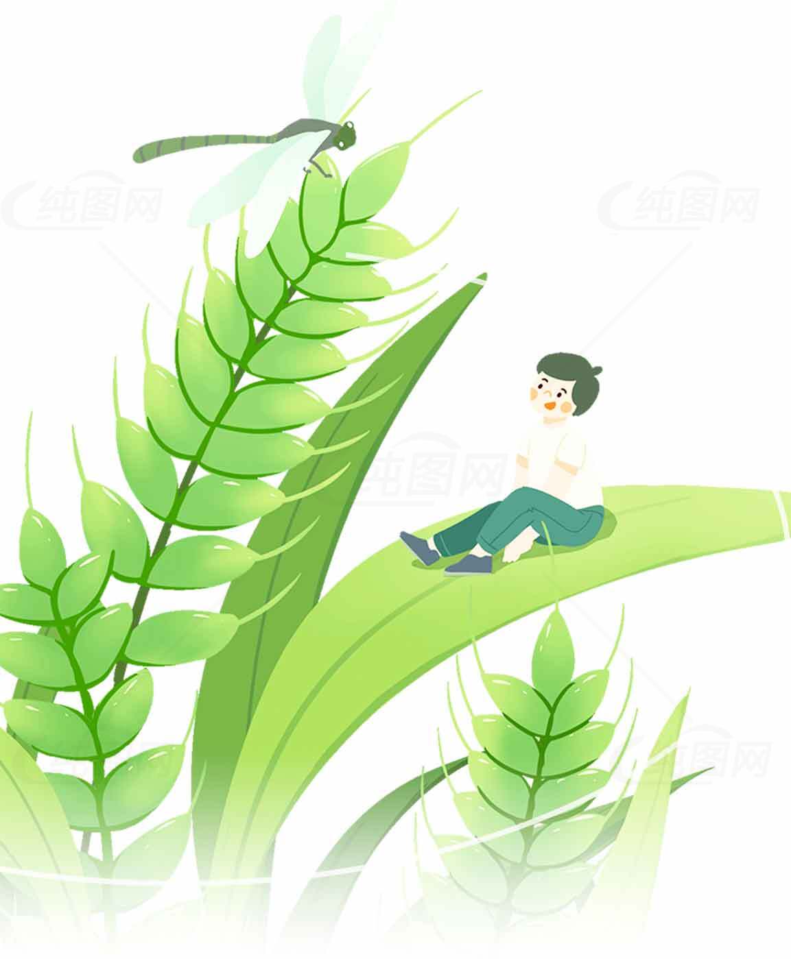 自然清新插画：绿叶与童趣素材