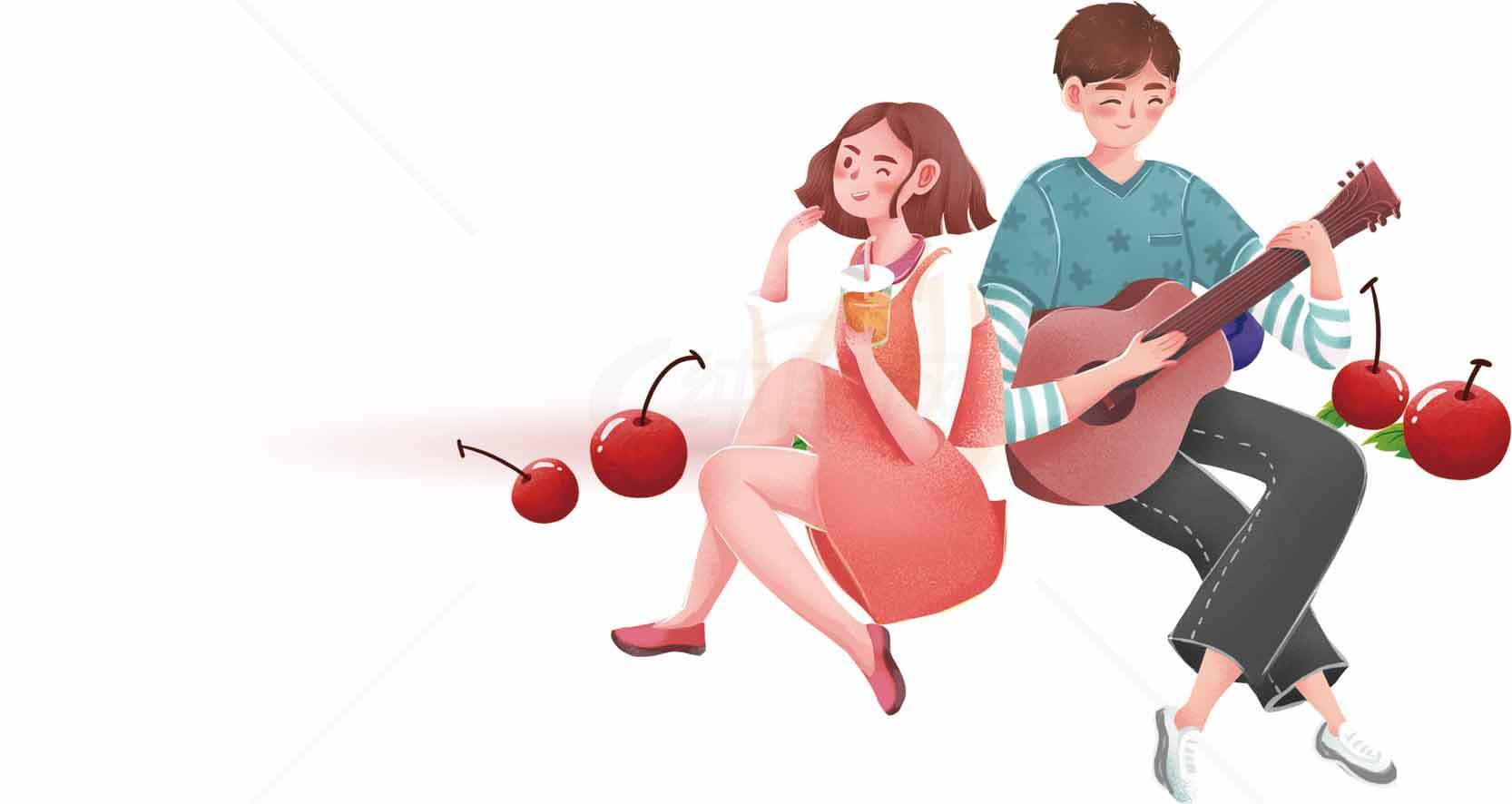 浪漫插画：情侣与吉他和樱桃的唯美场景素材