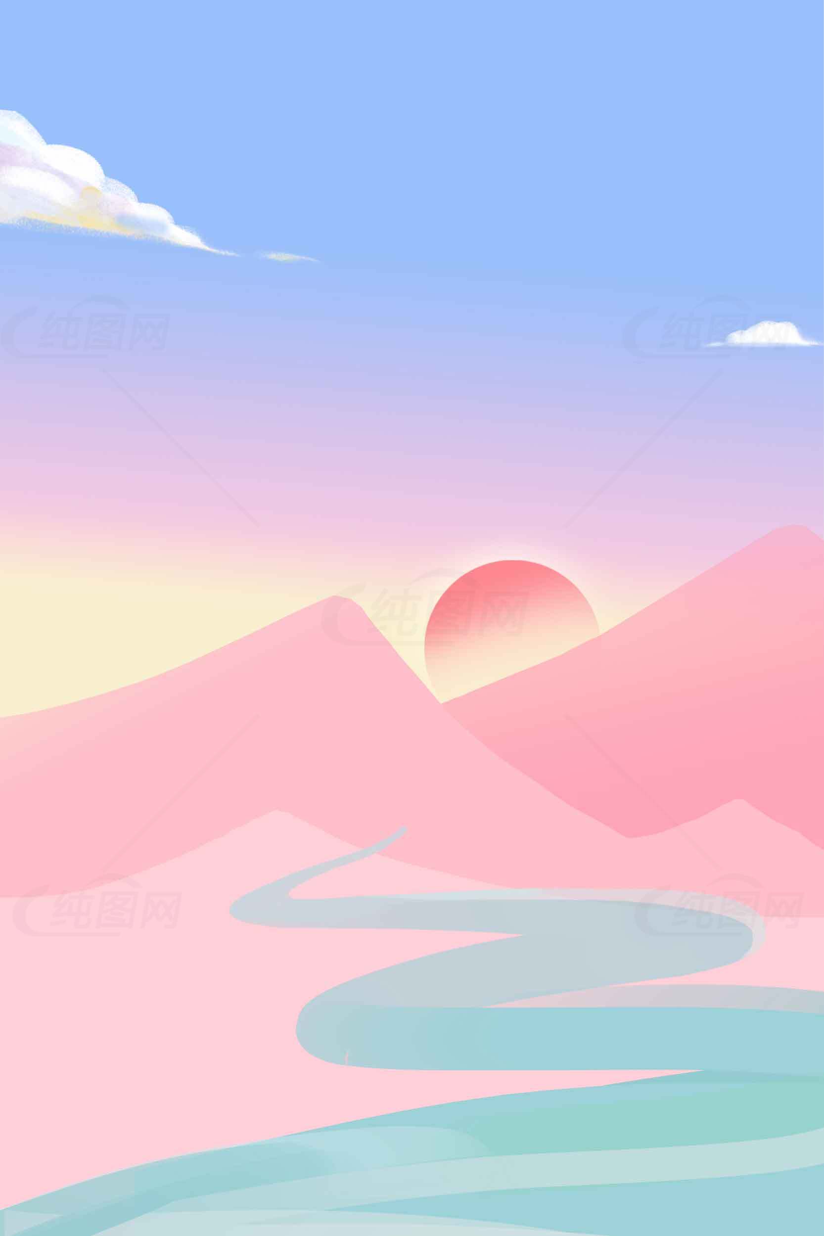唯美粉色山川日落插画背景图片素材