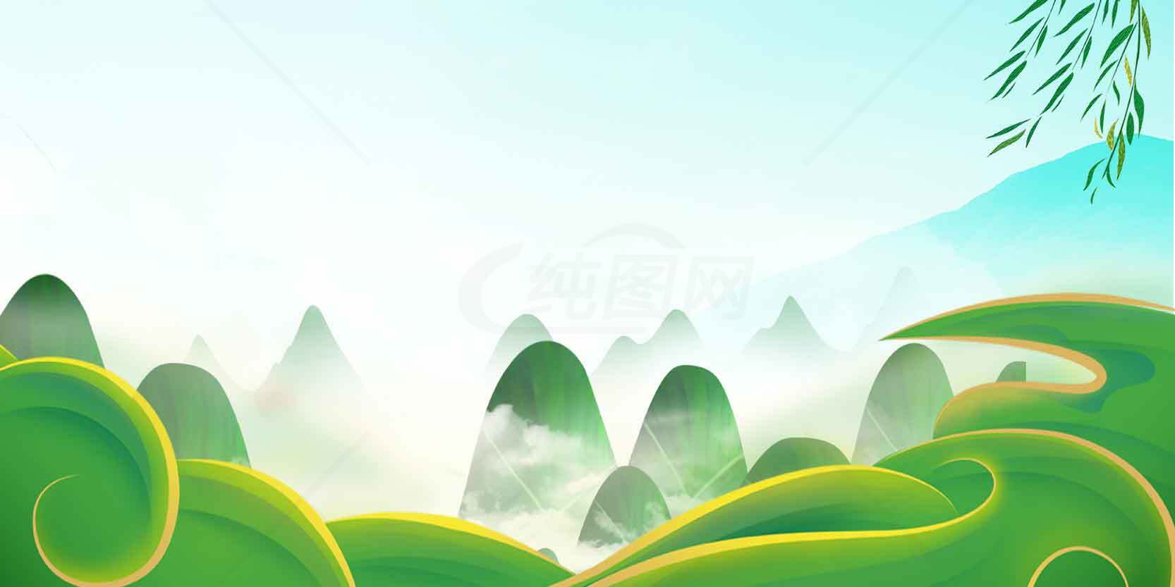 云雾缭绕的绿色山水画背景图片素材