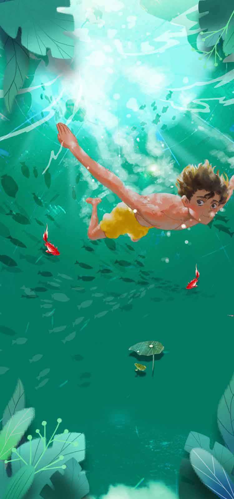 清新水下世界插画：自由潜泳与自然之美素材