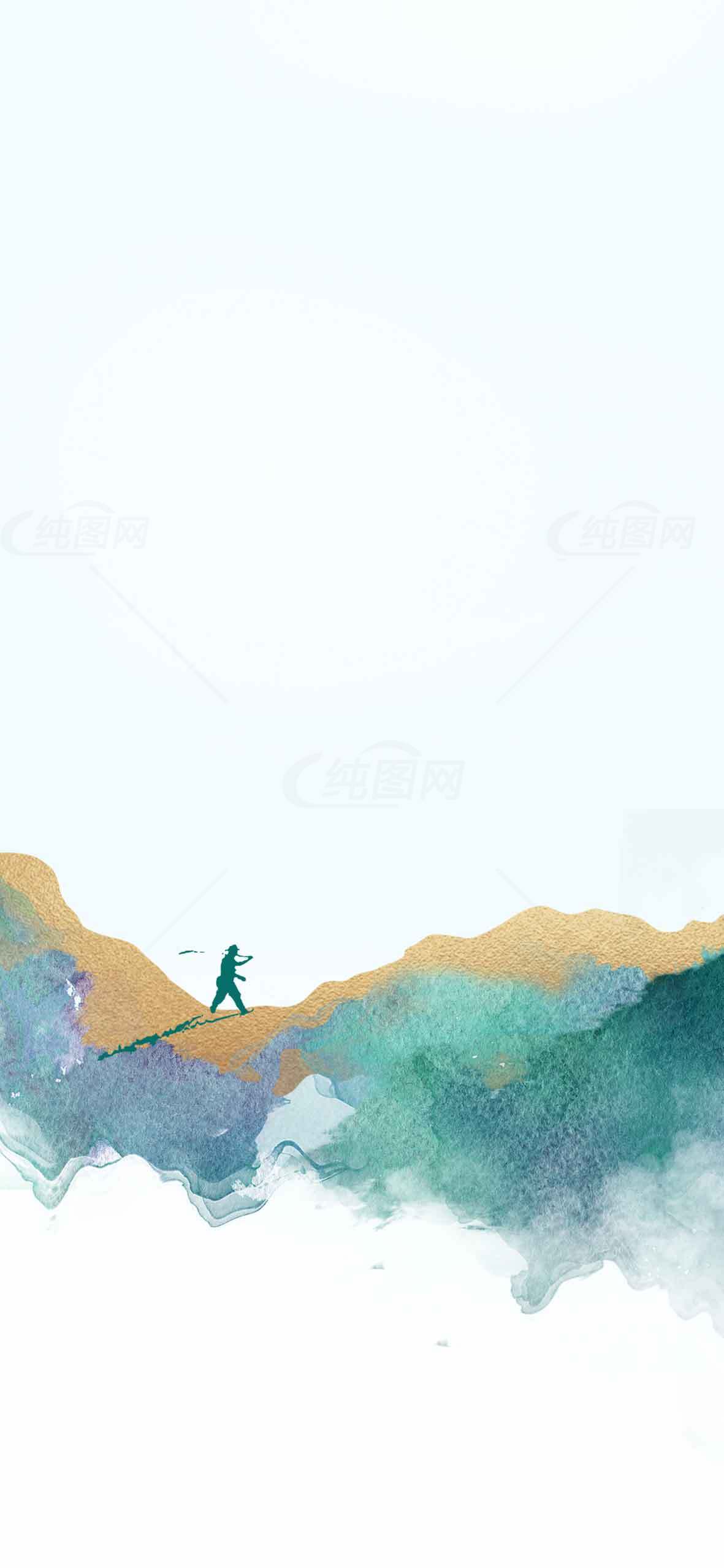 山水意境插画：孤独行者的旅途素材