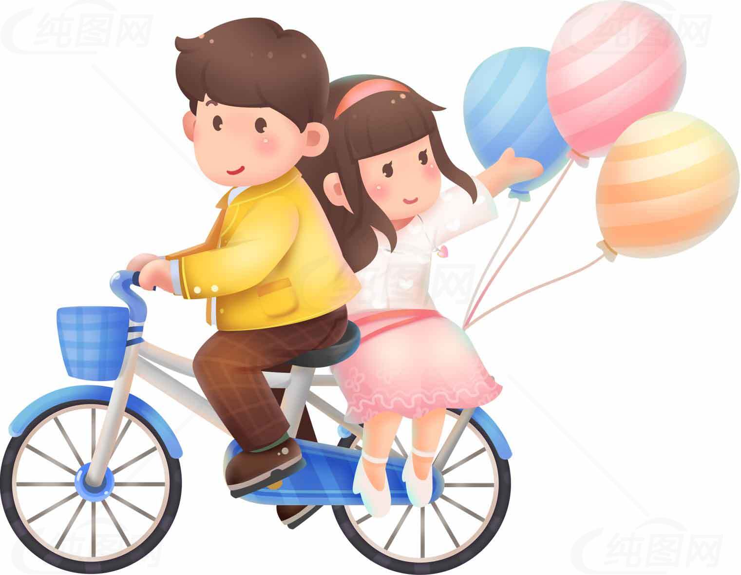 卡通骑自行车的情侣与气球插画素材
