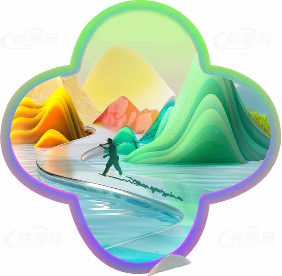 彩色山水与滑水运动插画设计素材