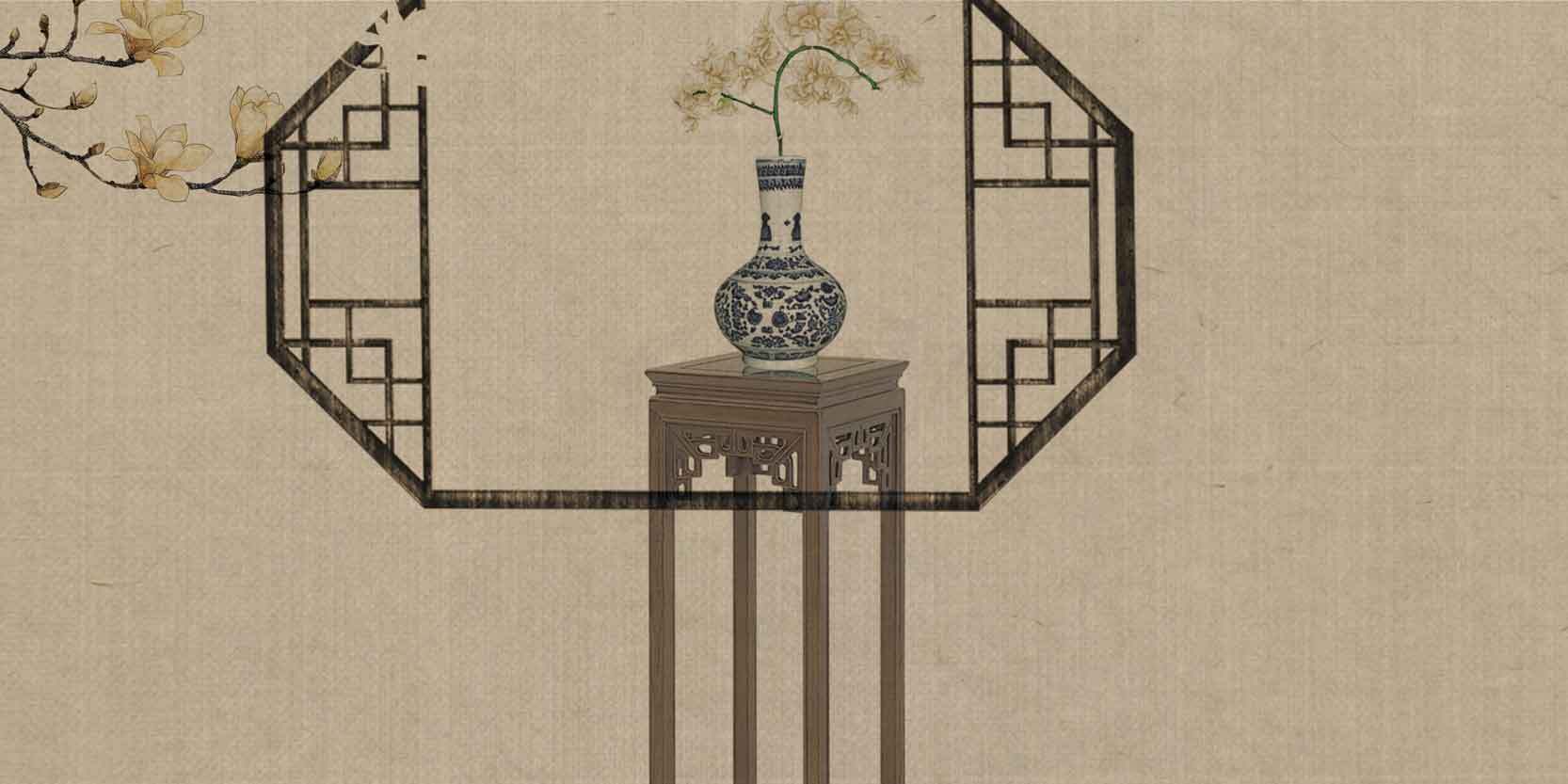 中式古典风格装饰画：花瓶与屏风设计素材