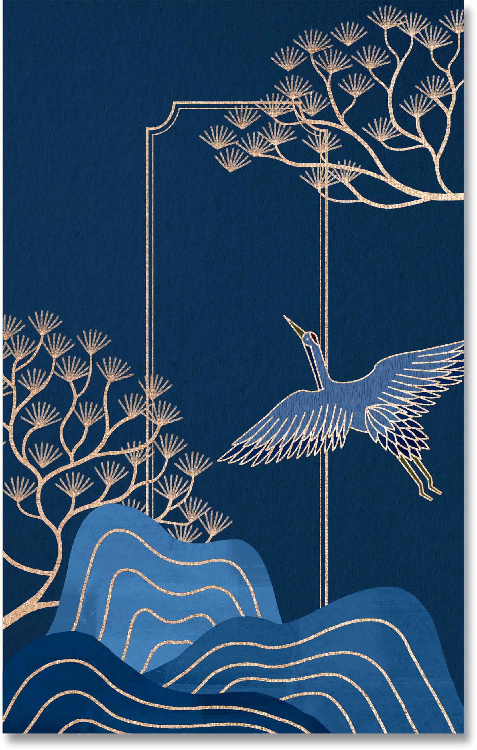 蓝色背景与金色鹤的东方艺术插画素材