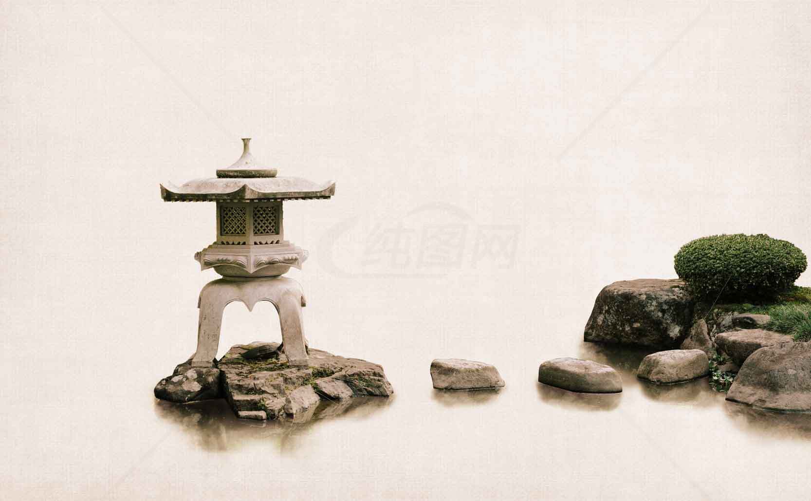 禅意日式庭院石灯笼与自然景观素材