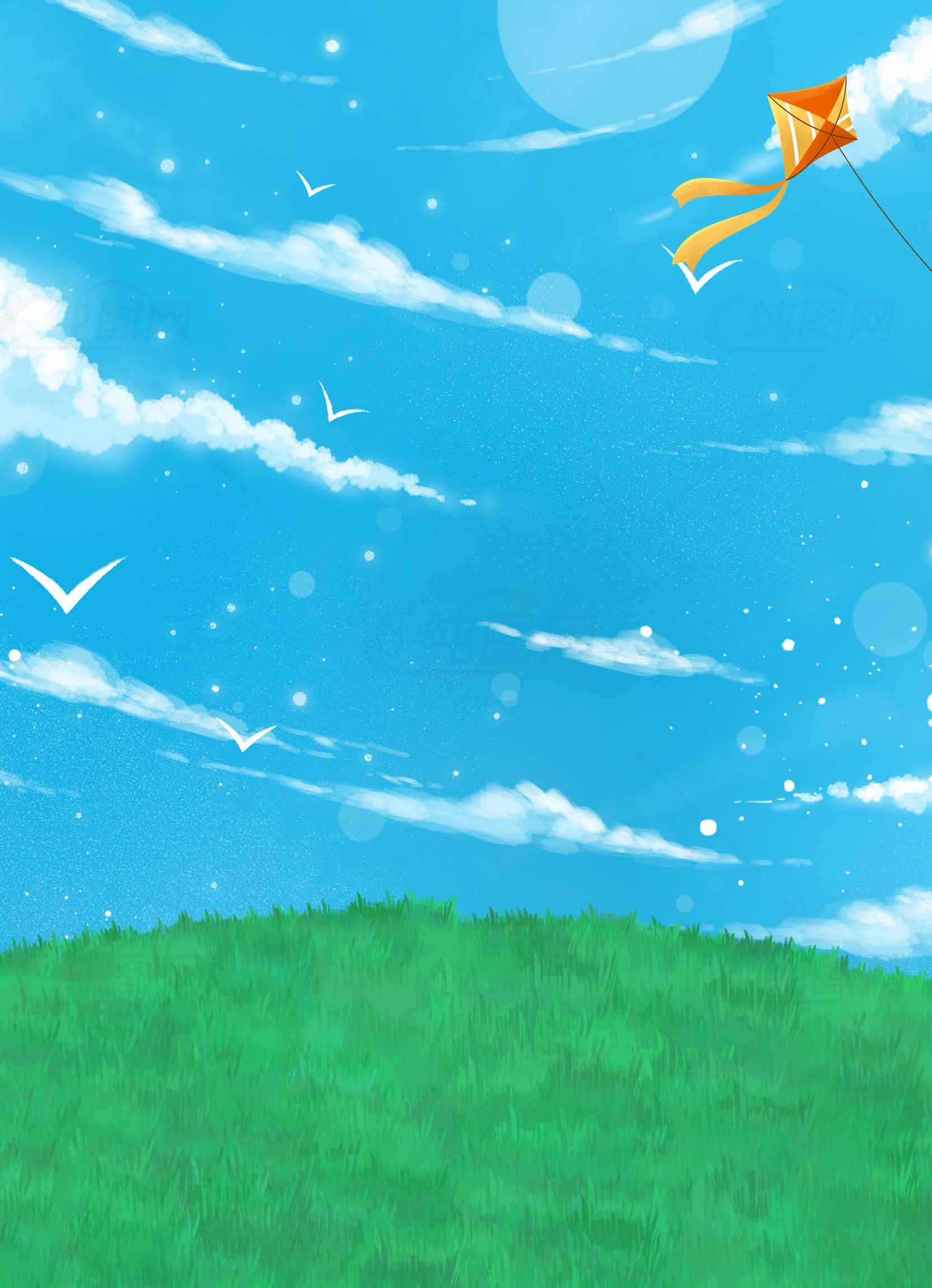 蓝天绿地风筝飞翔唯美插画背景素材