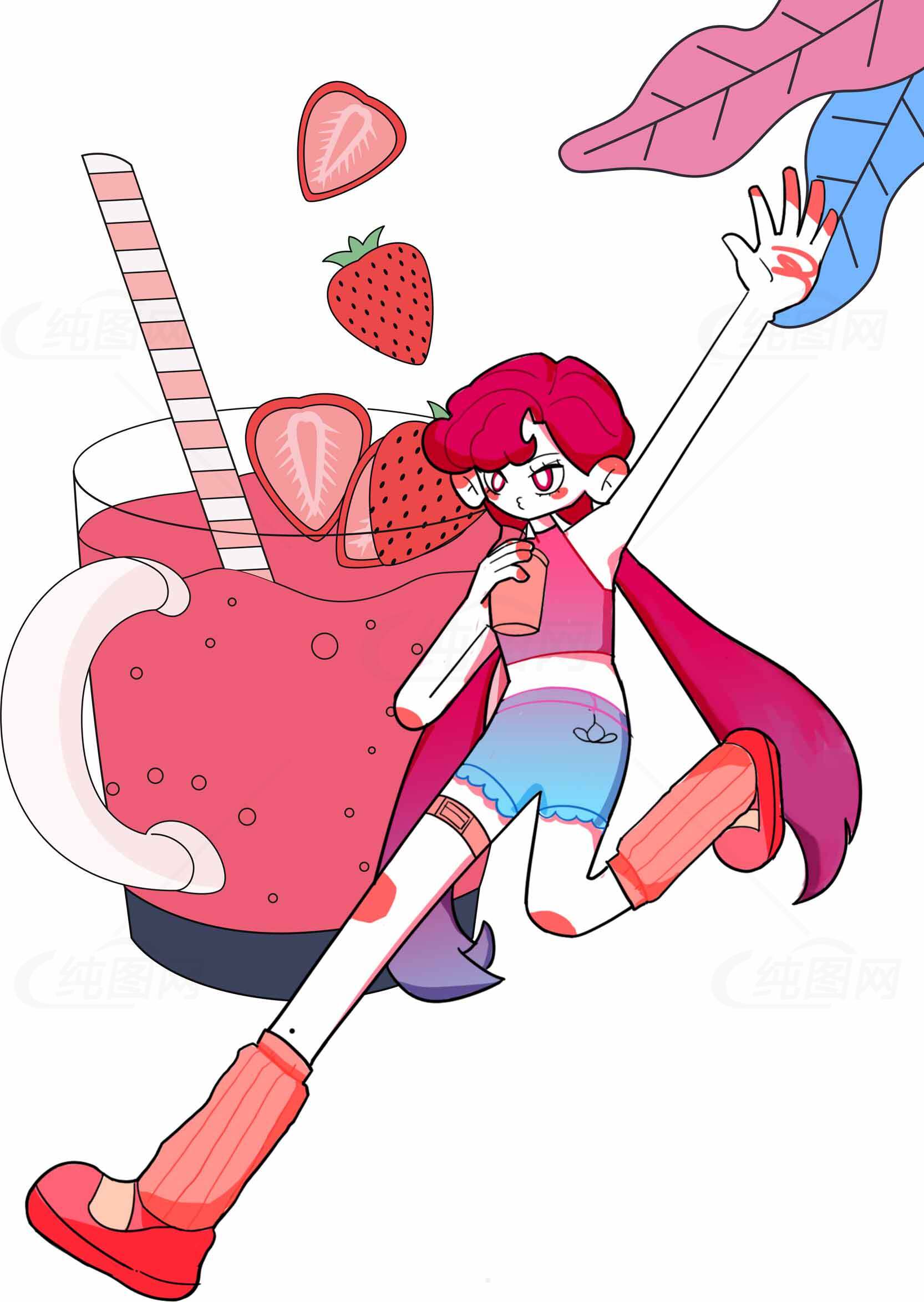 草莓主题插画：少女与果汁的甜美邂逅素材