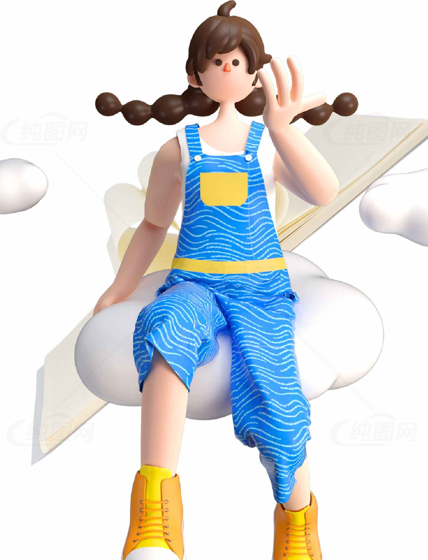 卡通女孩坐在云朵上的创意插画素材