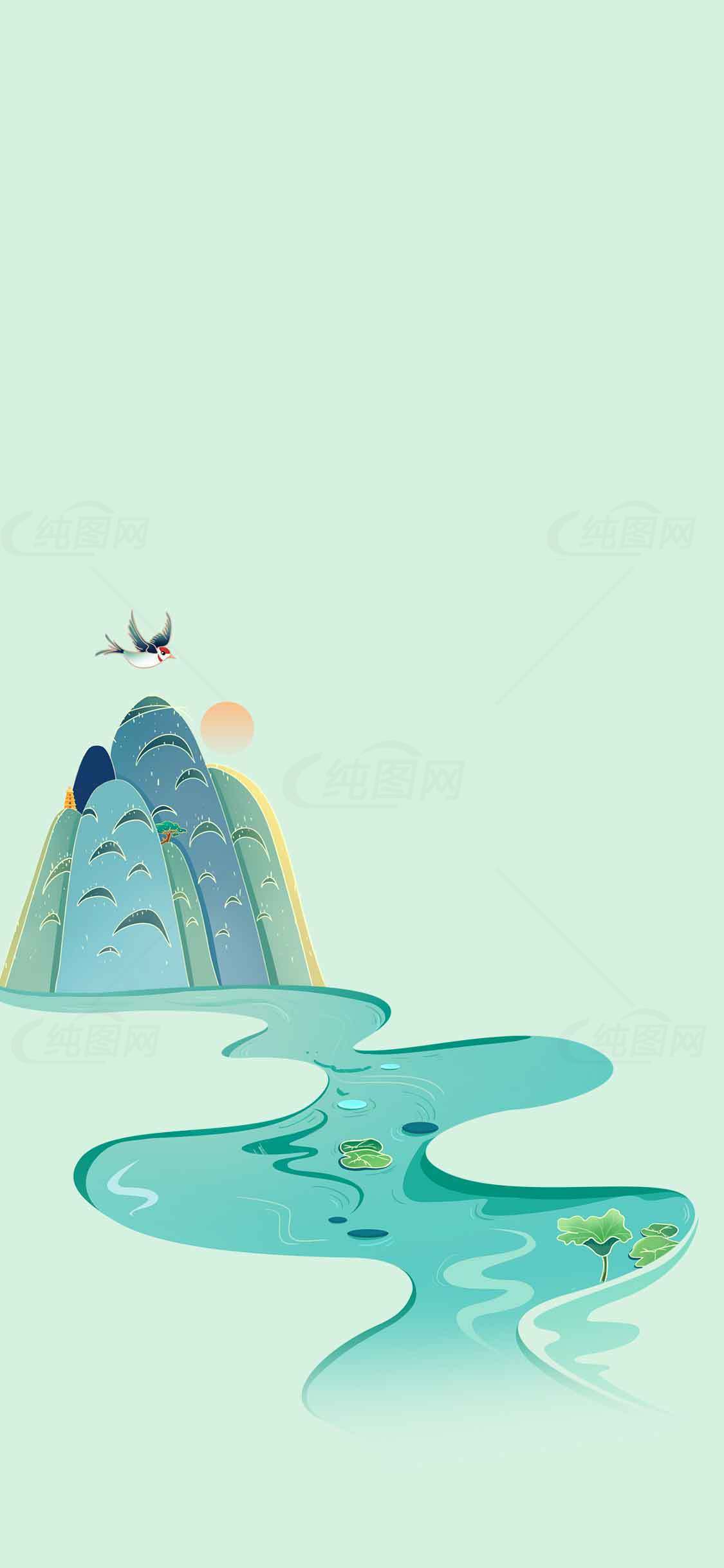 清新山水风景插画背景图片素材