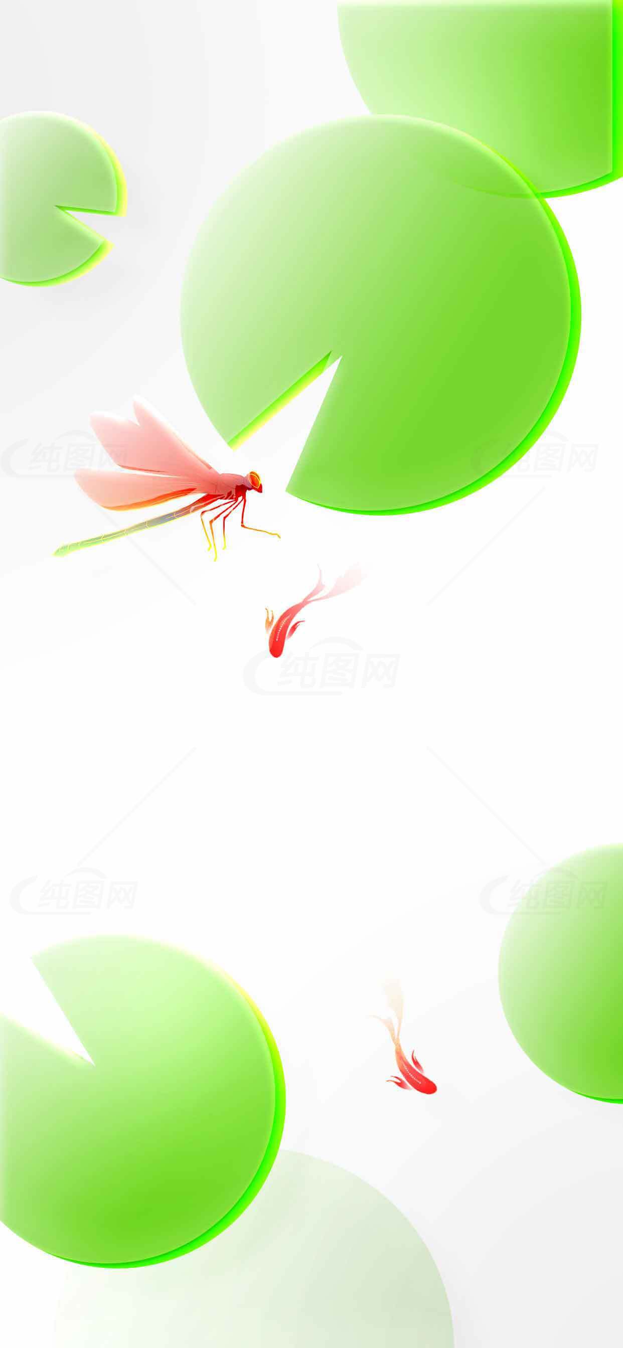 清新荷叶与蜻蜓金鱼唯美插画背景素材