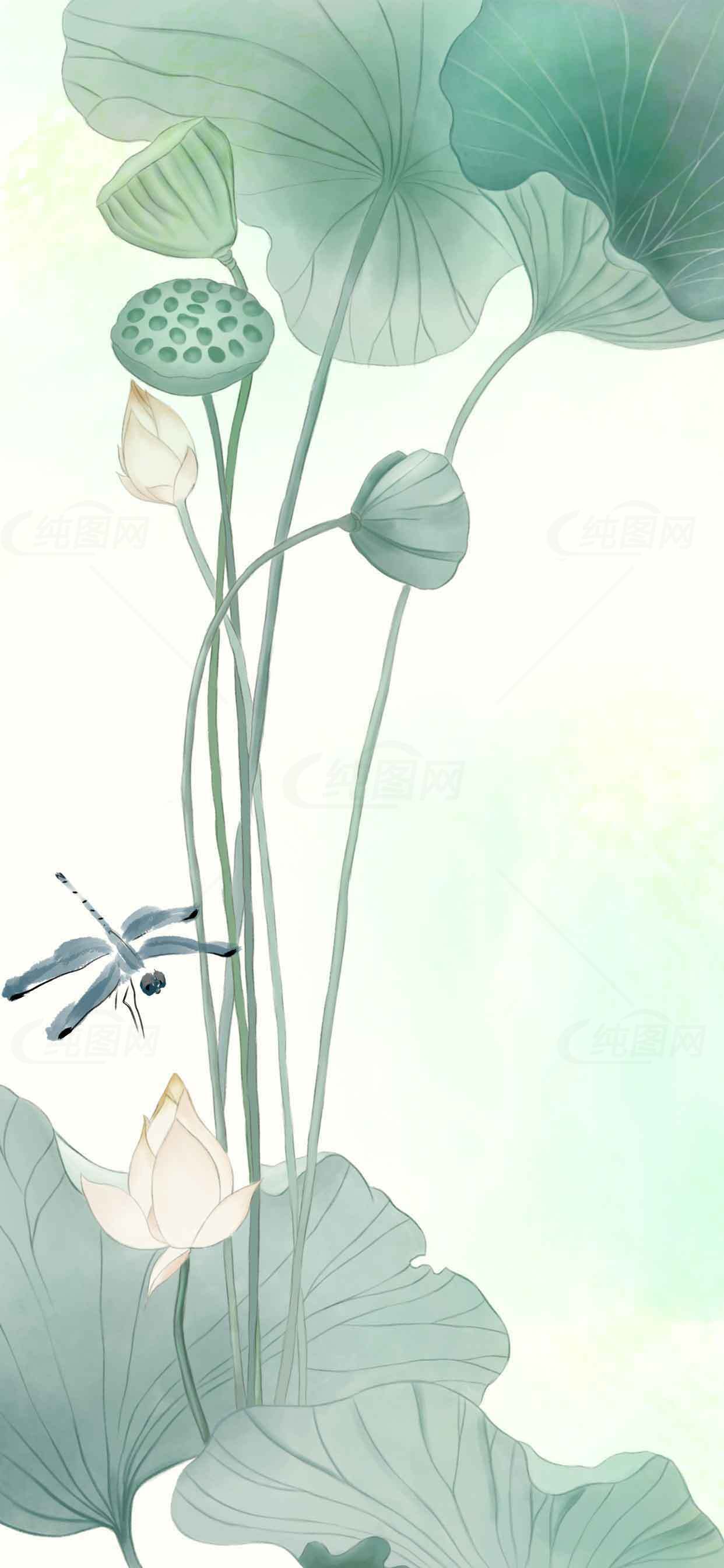 清新荷花与蜻蜓水墨画背景图片素材