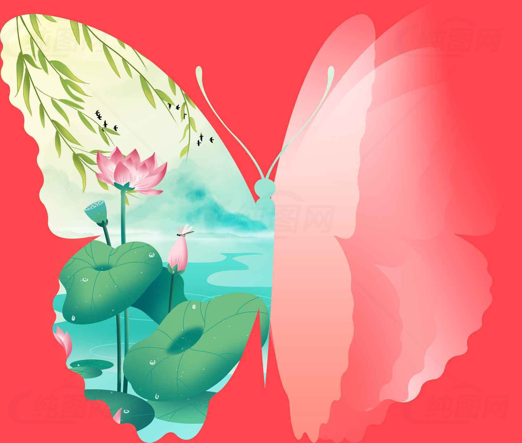 唯美蝴蝶与荷花湖景插画设计素材