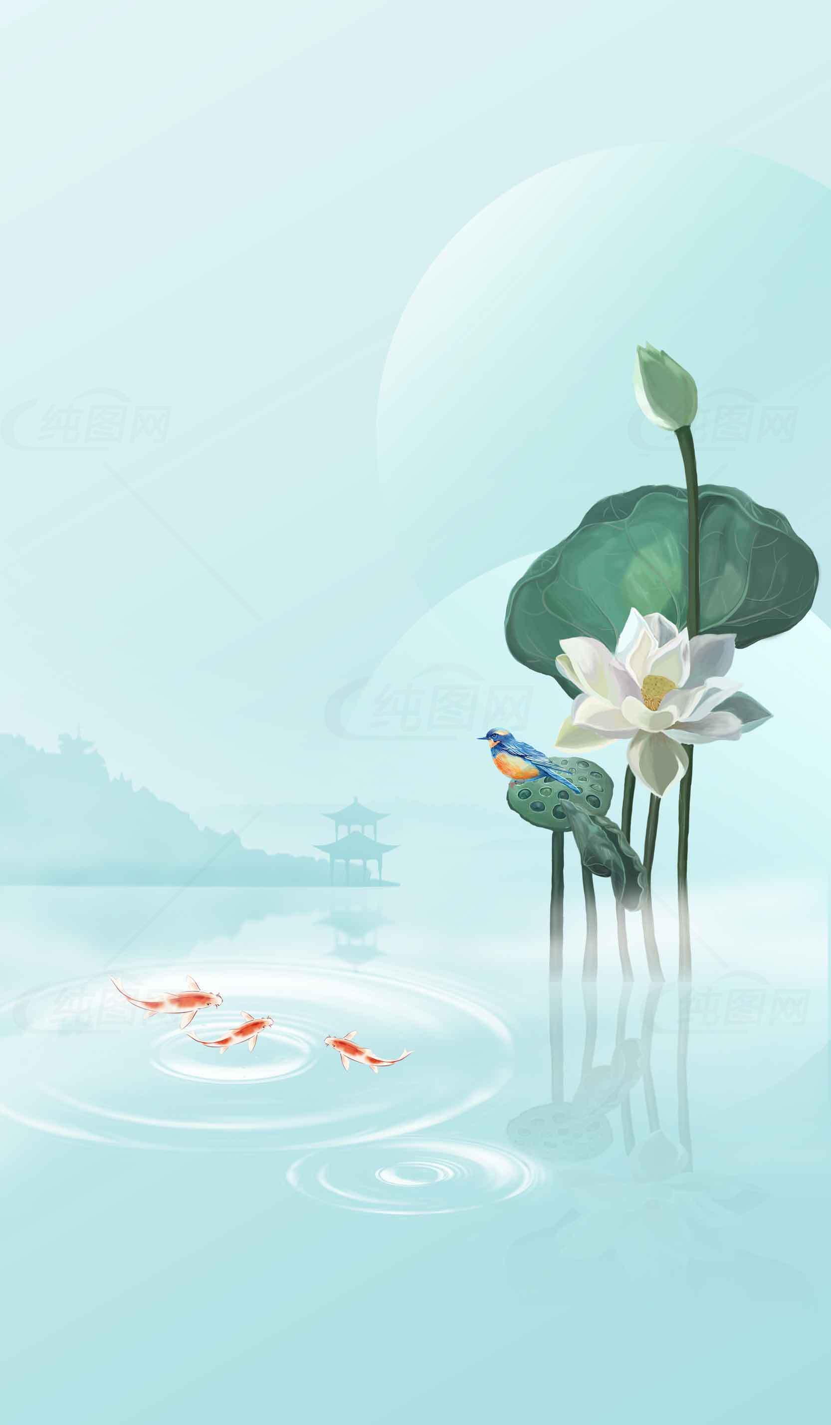 唯美荷花与锦鲤意境插画背景图片素材