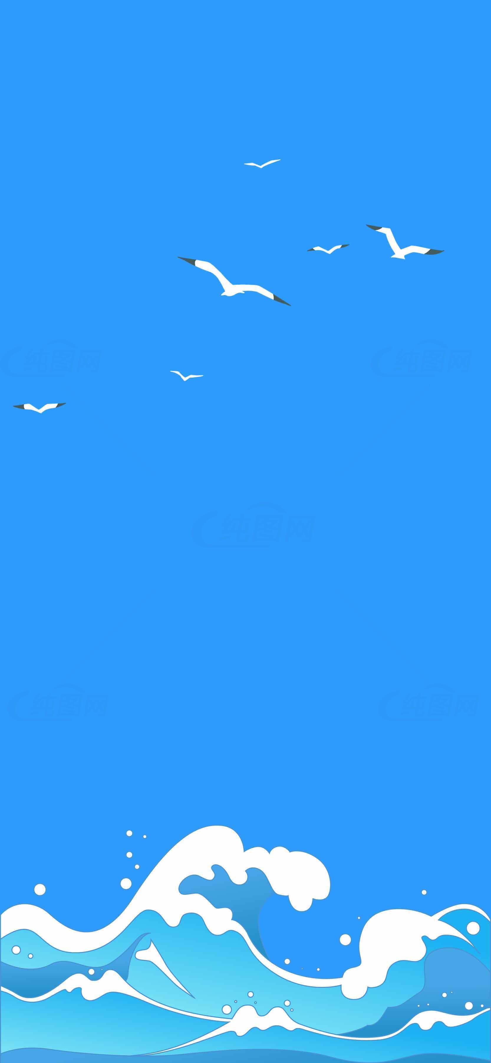 蓝色海洋与飞翔的海鸥插画背景素材