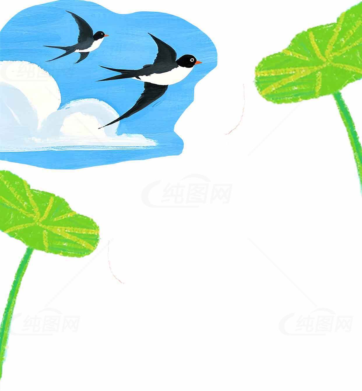 春天的燕子与绿叶插画背景图片素材