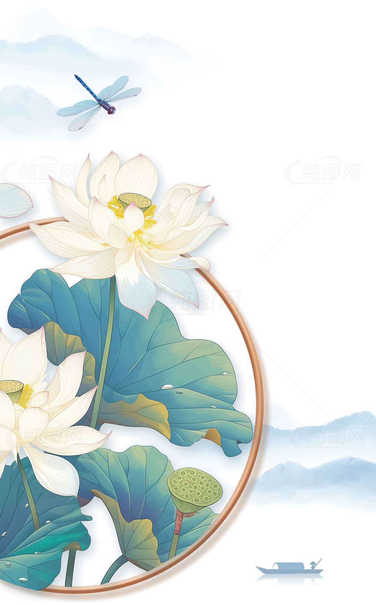 唯美荷花与蜻蜓国风插画背景图片素材