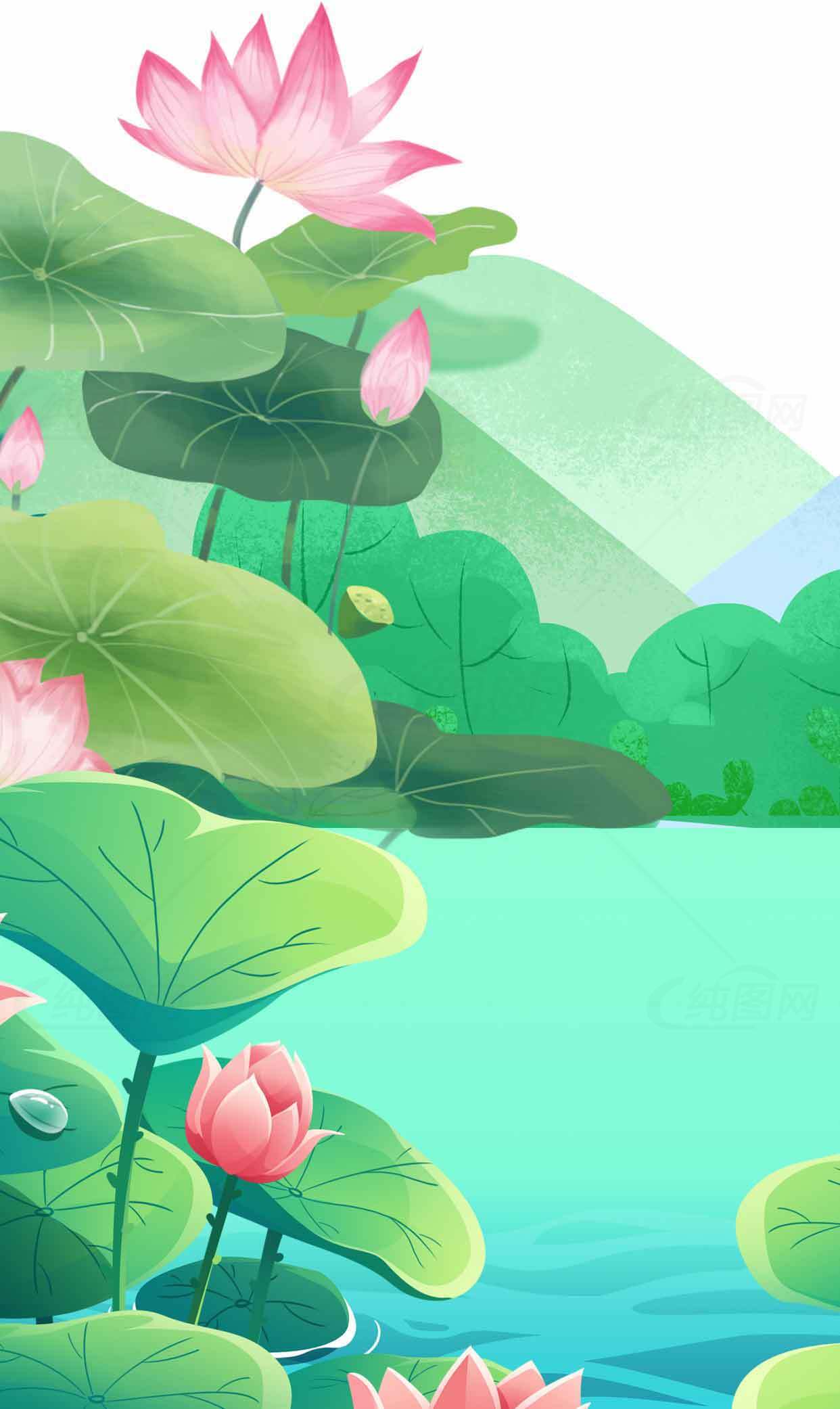 清新荷花湖景插画图片素材