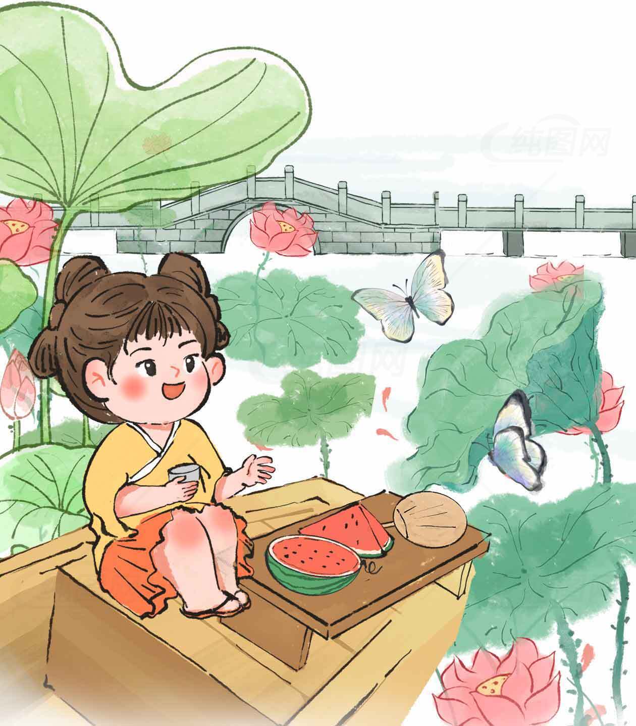 夏日荷塘儿童插画唯美场景素材
