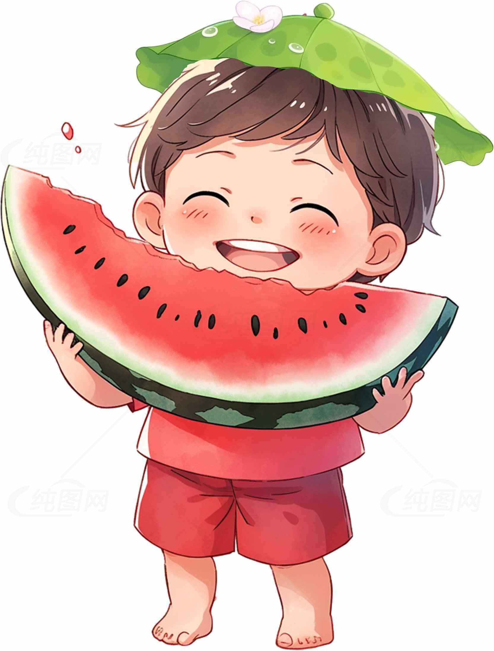 可爱卡通小孩吃西瓜插画图片素材