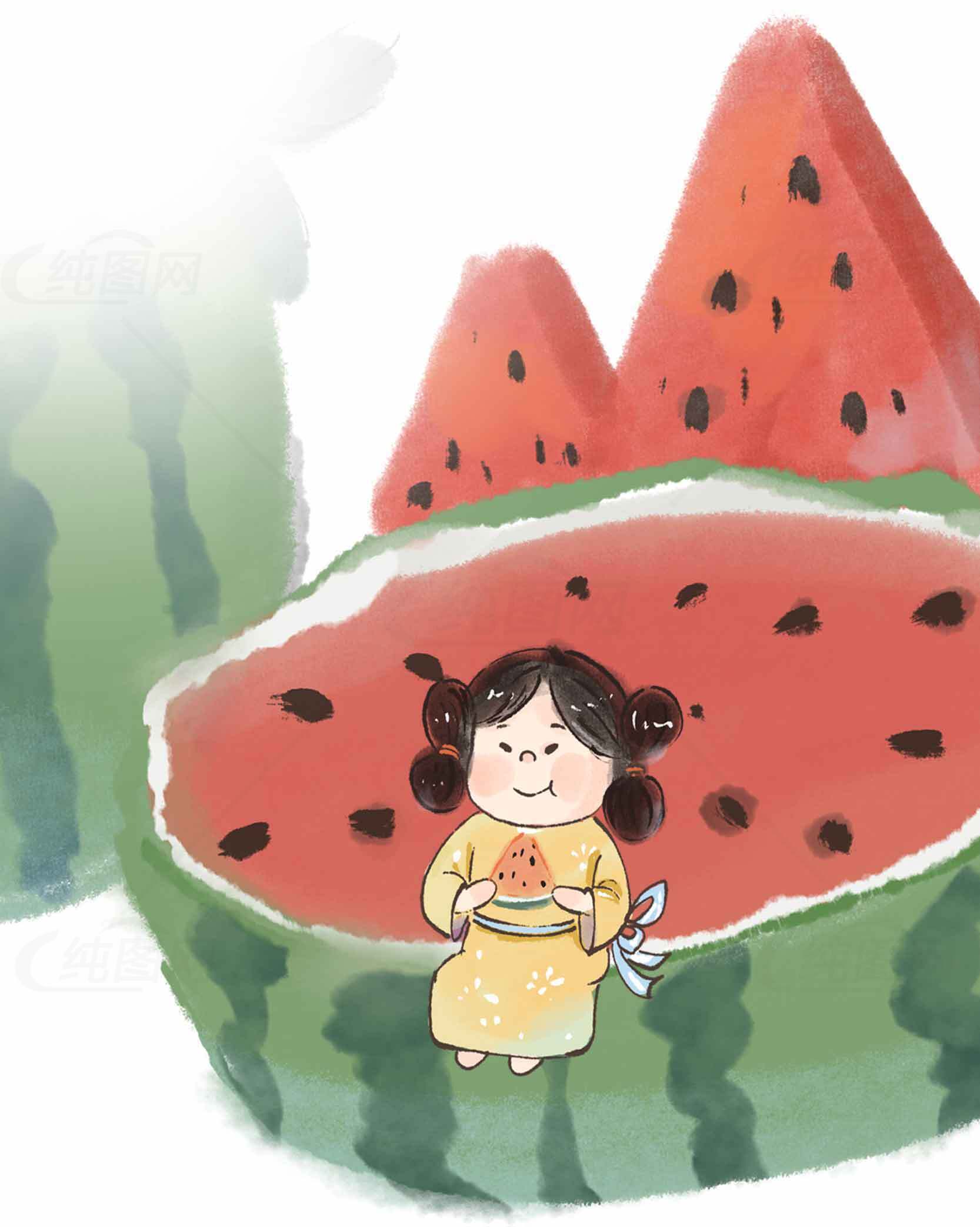 夏日清新插画：女孩与西瓜的童趣时光素材