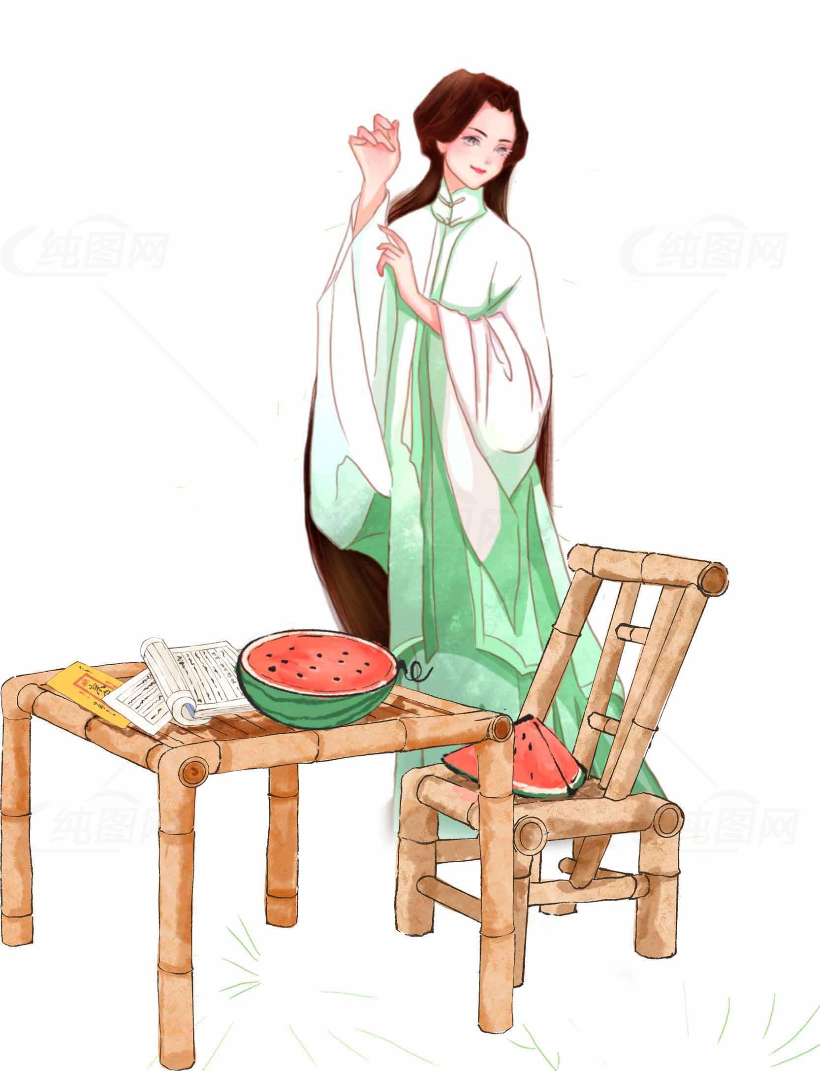 古风插画：夏日清凉西瓜与竹椅场景素材
