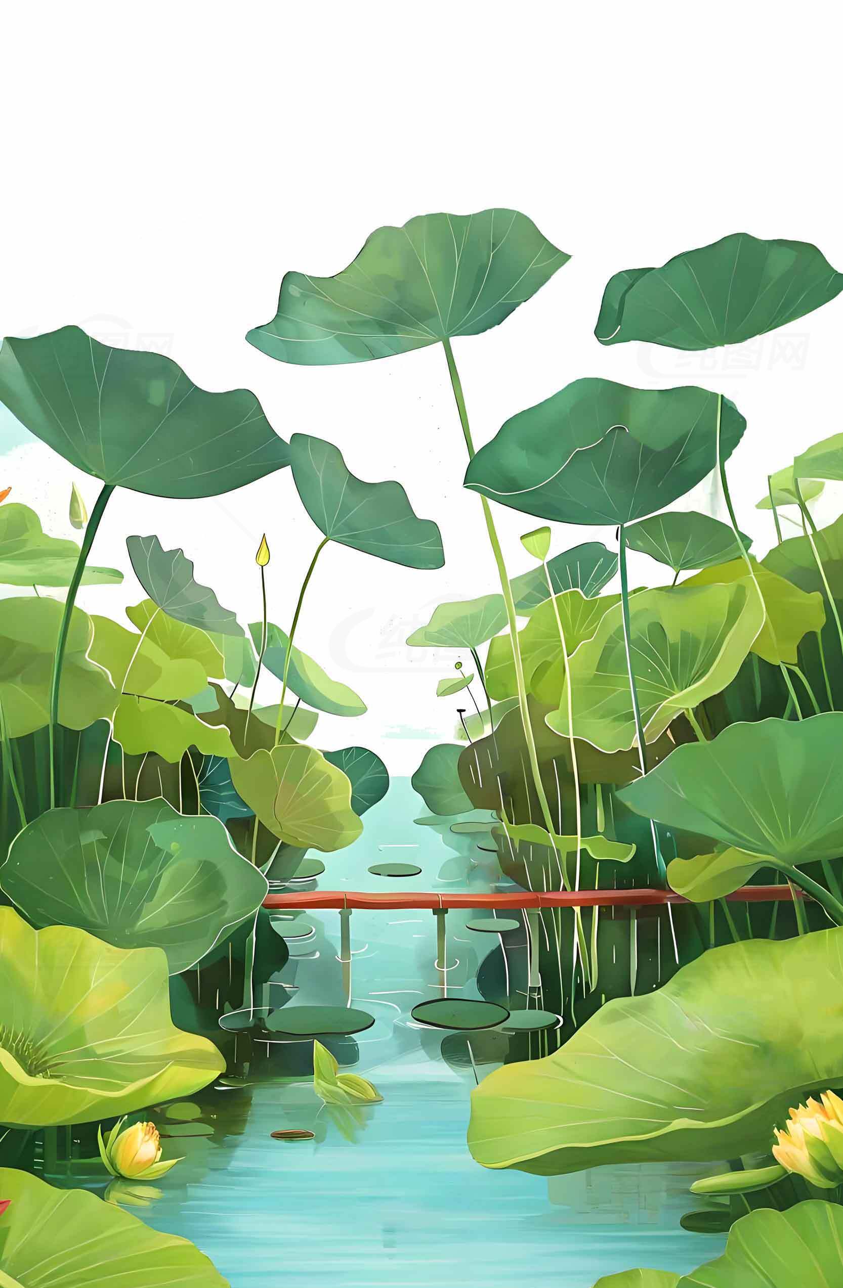 荷塘小桥风景插画素材