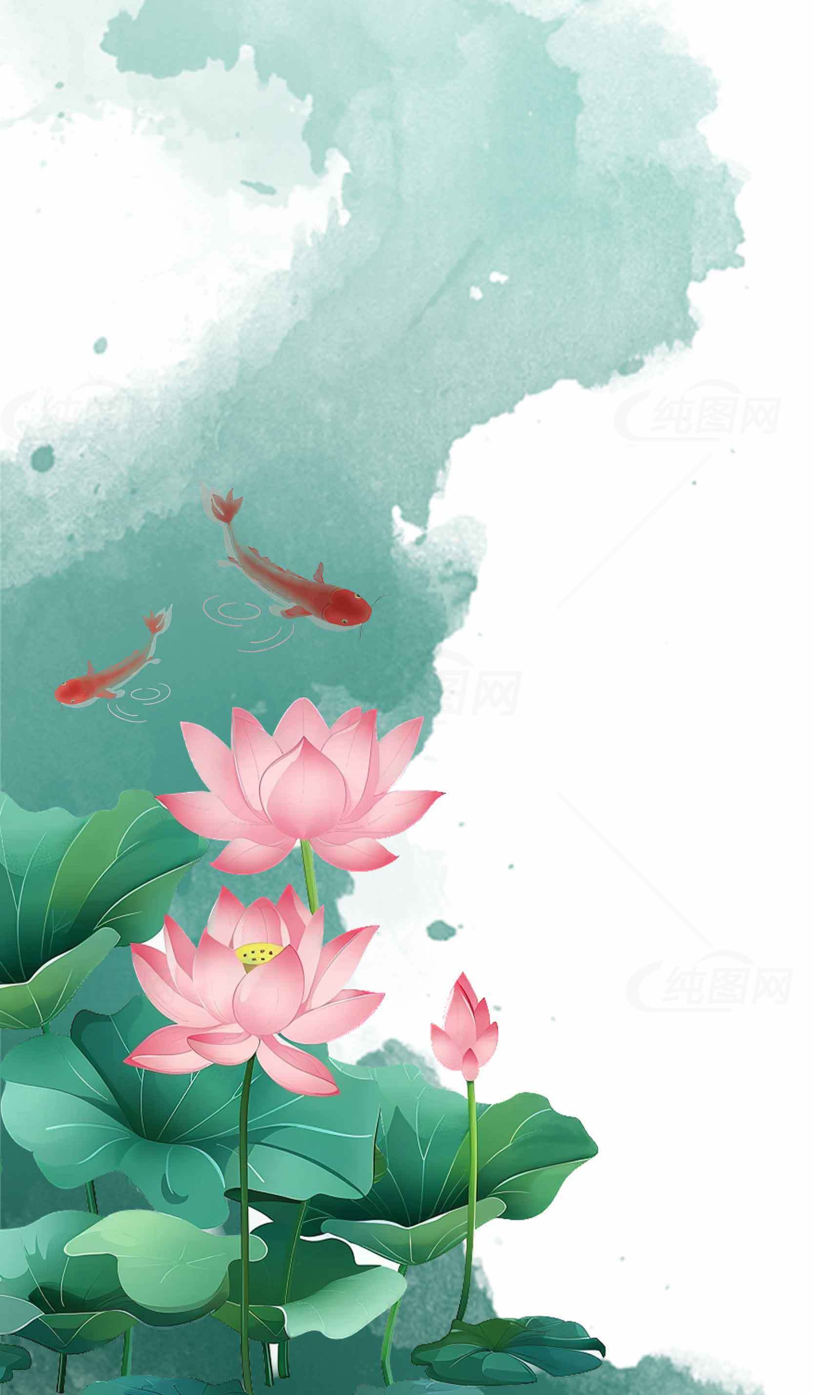 唯美荷花与锦鲤水墨画背景图片素材