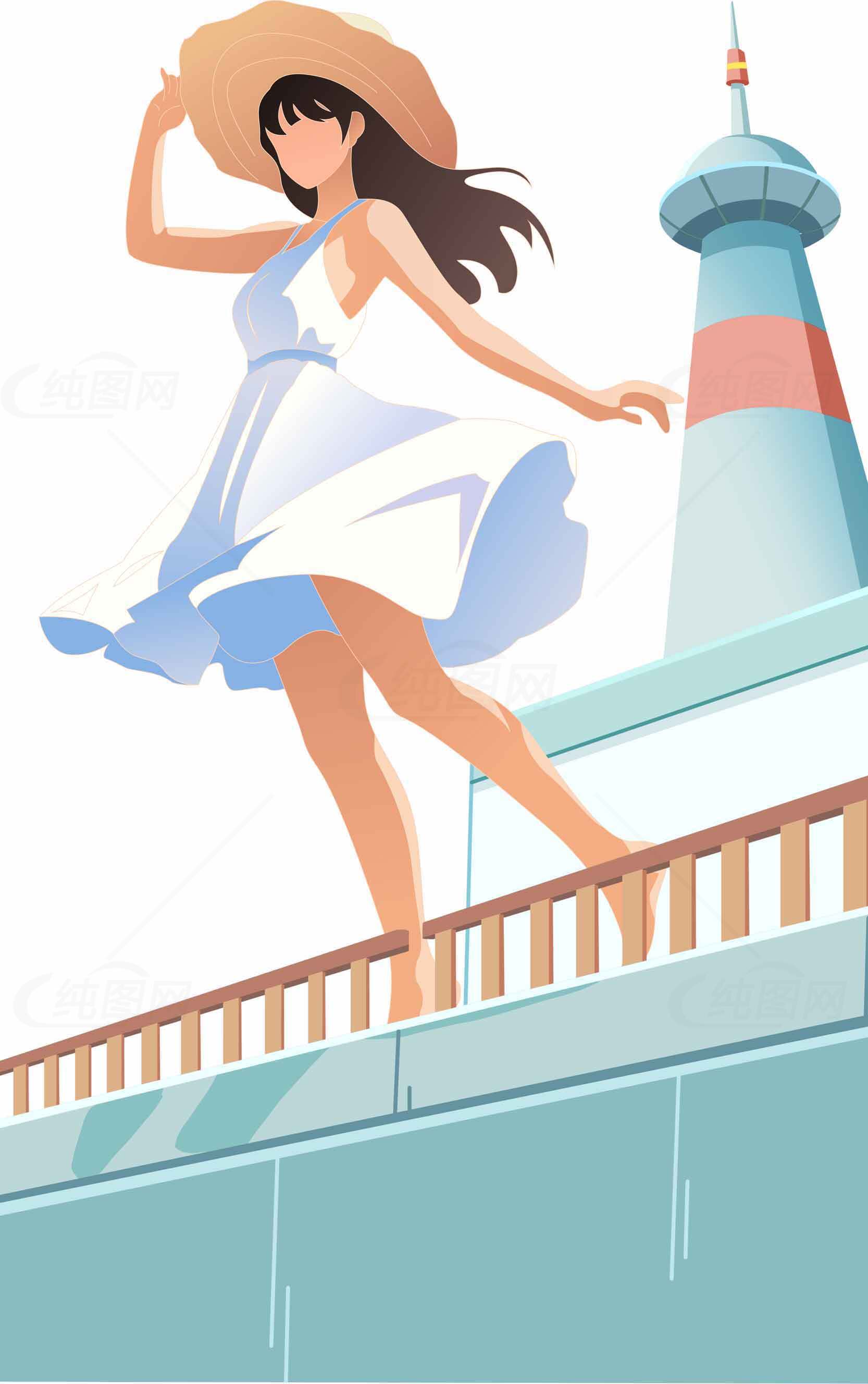 夏日海滨女孩插画风格图片素材
