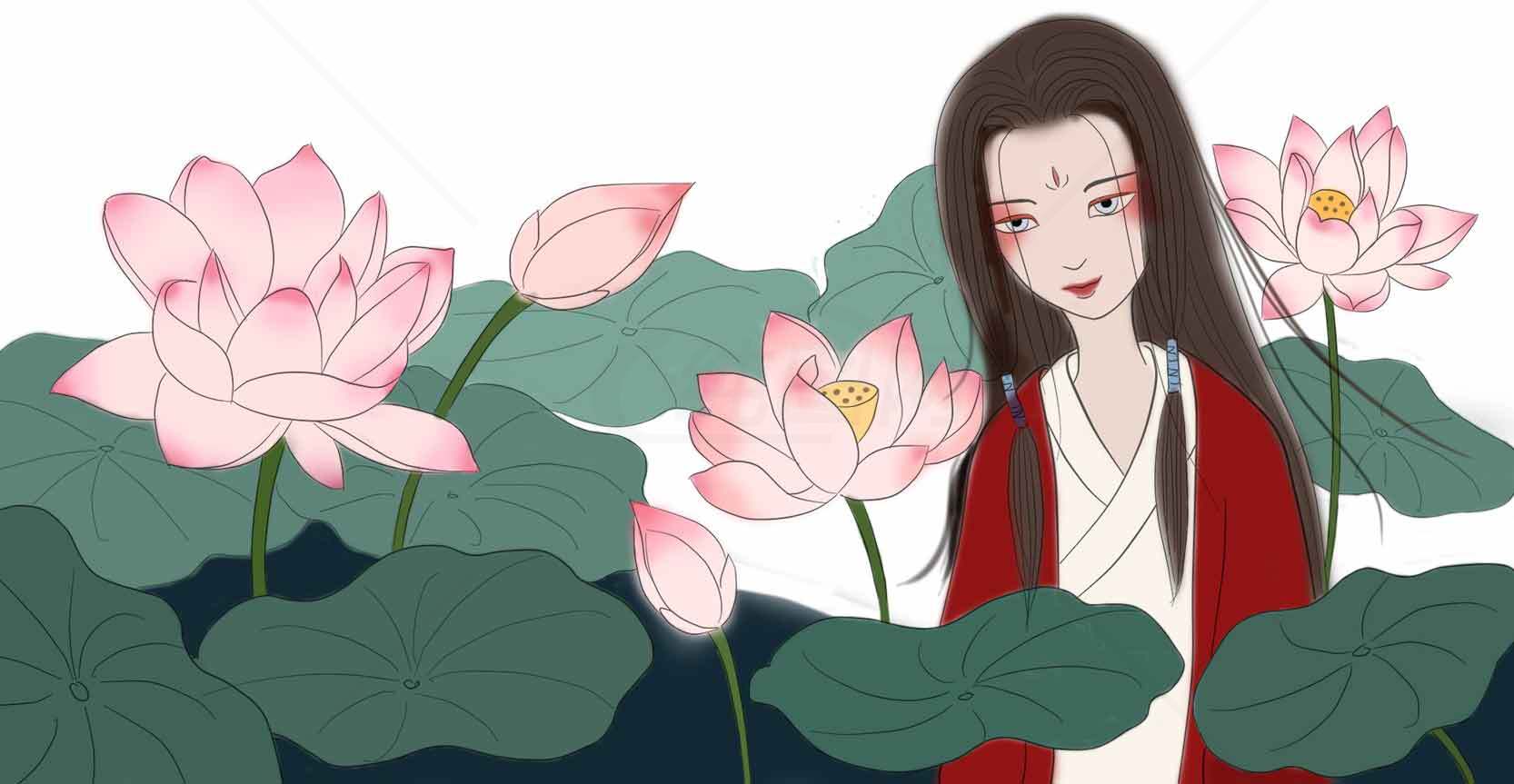 唯美古风插画：荷花与红衣女子素材