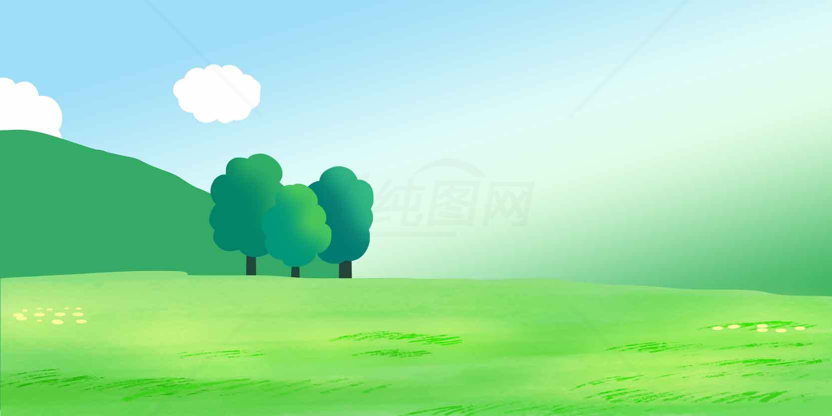 清新自然风景插画：绿色草地与蓝天素材