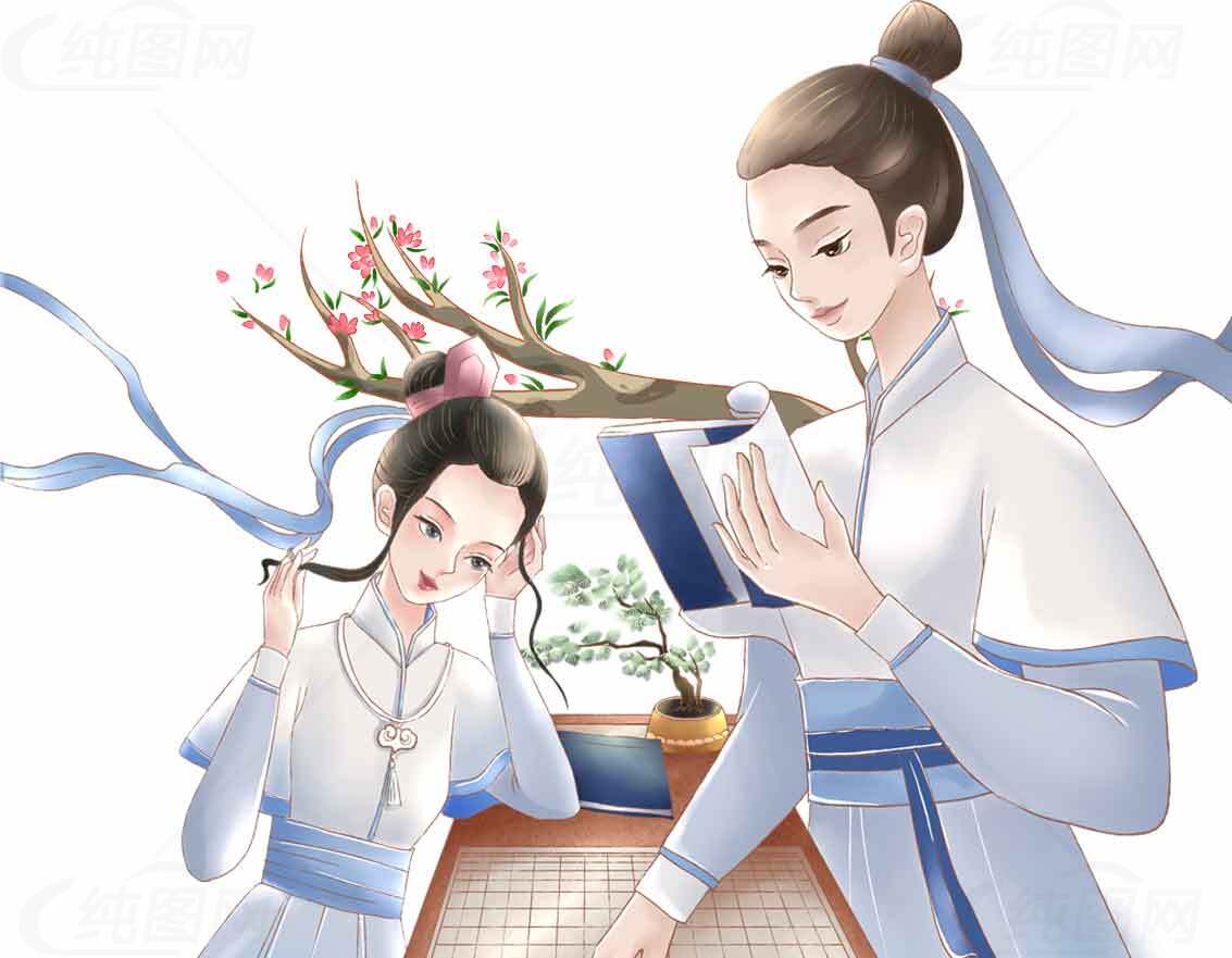 古风插画：书香与棋艺的唯美场景素材