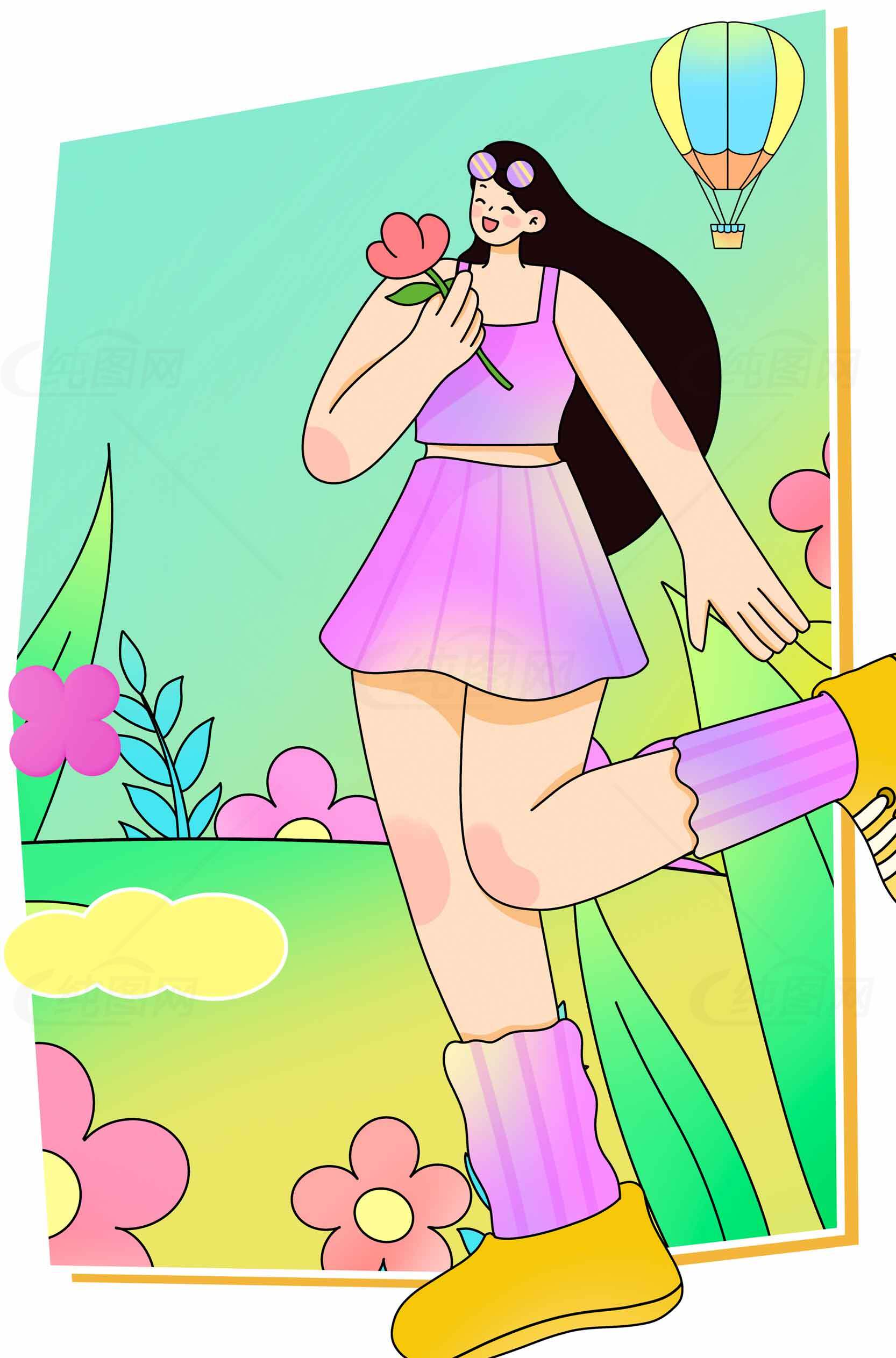 春日插画风格少女与花朵背景素材