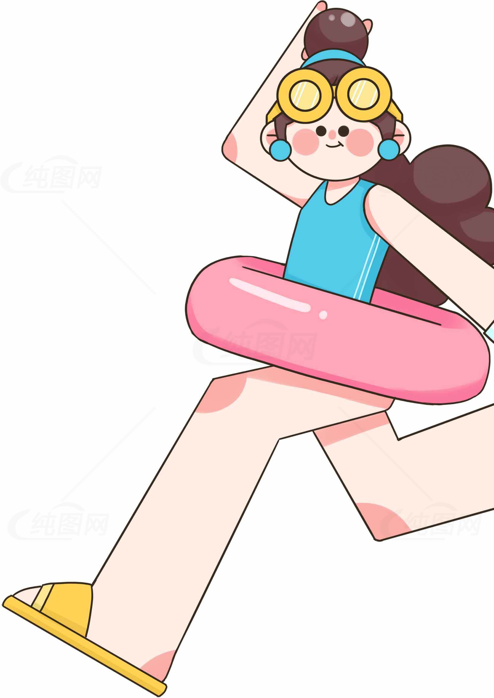 卡通女孩夏日游泳插画素材