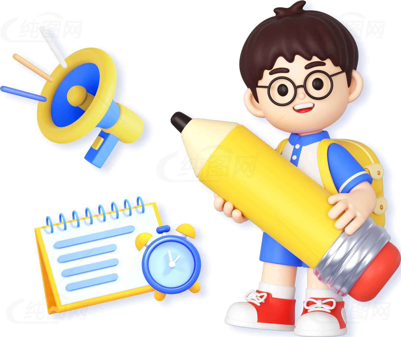 卡通学习工具与学生形象插画设计素材