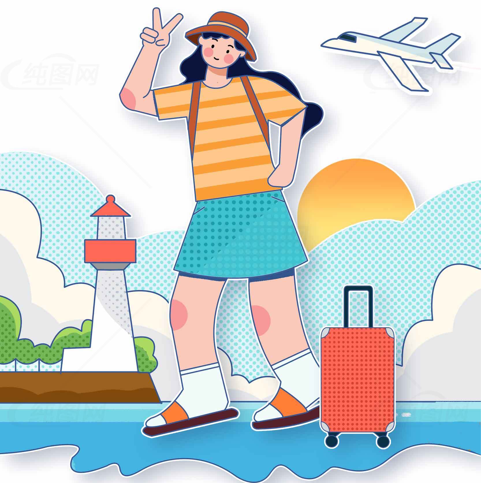 夏日旅行插画：灯塔与行李箱的清新风景素材