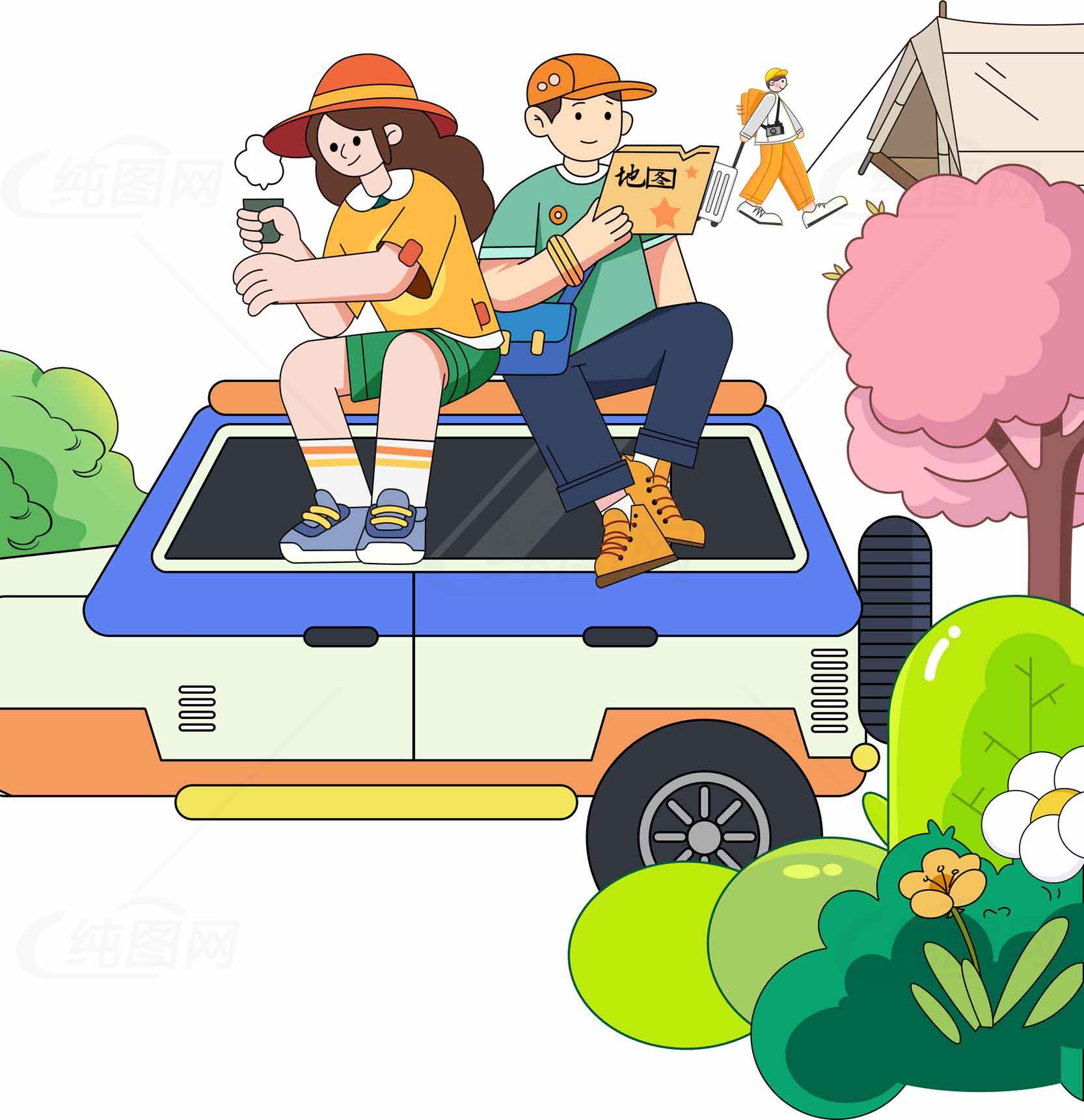 户外露营卡通插画：越野车与自然风光素材