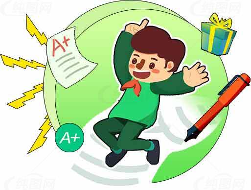 学生成功庆祝A+成绩的卡通插画素材