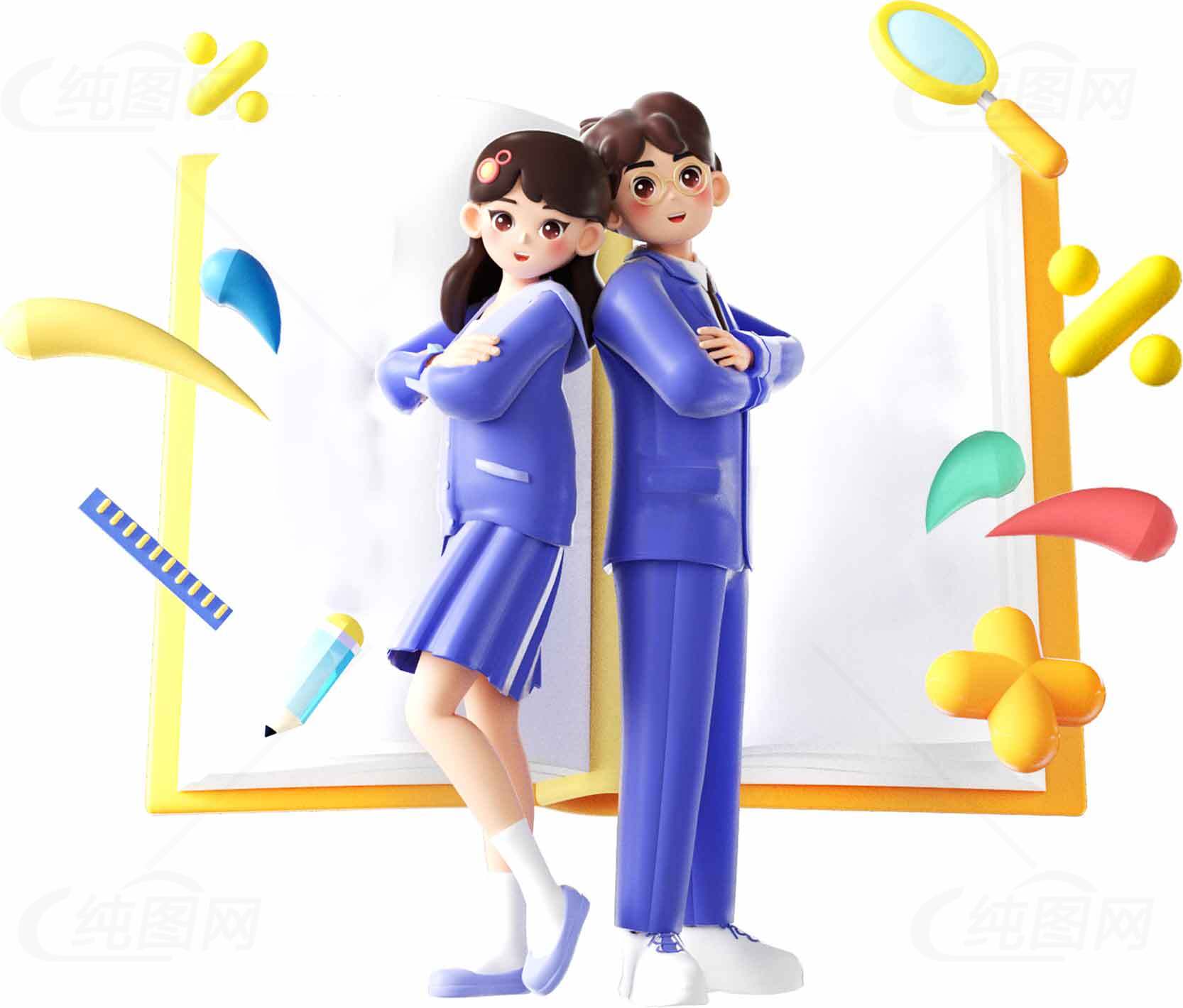 校园主题卡通人物背靠背创意设计图片素材
